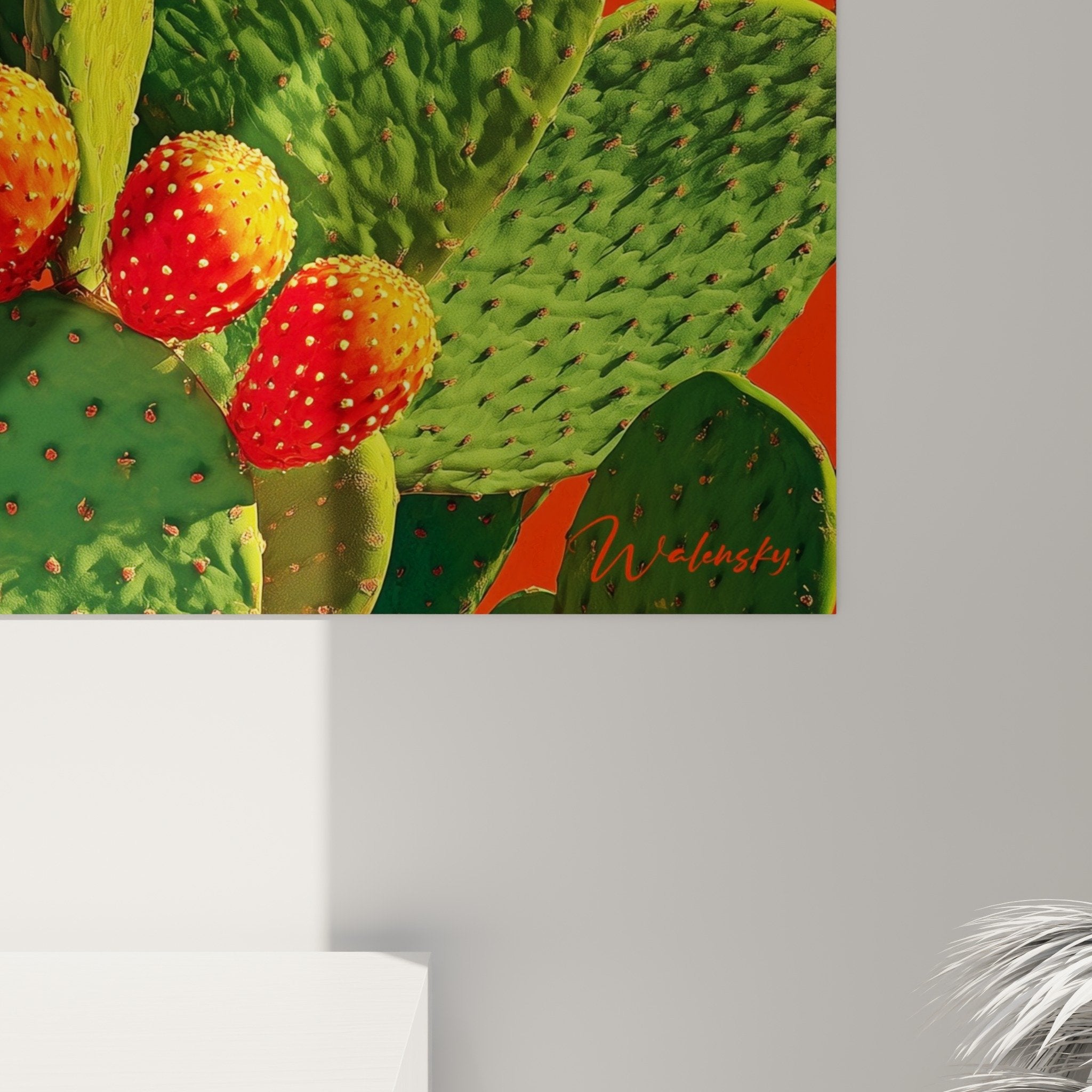 Vue ensemble tableau cactus orange salon moderne decoration murale botanique contemporaine
