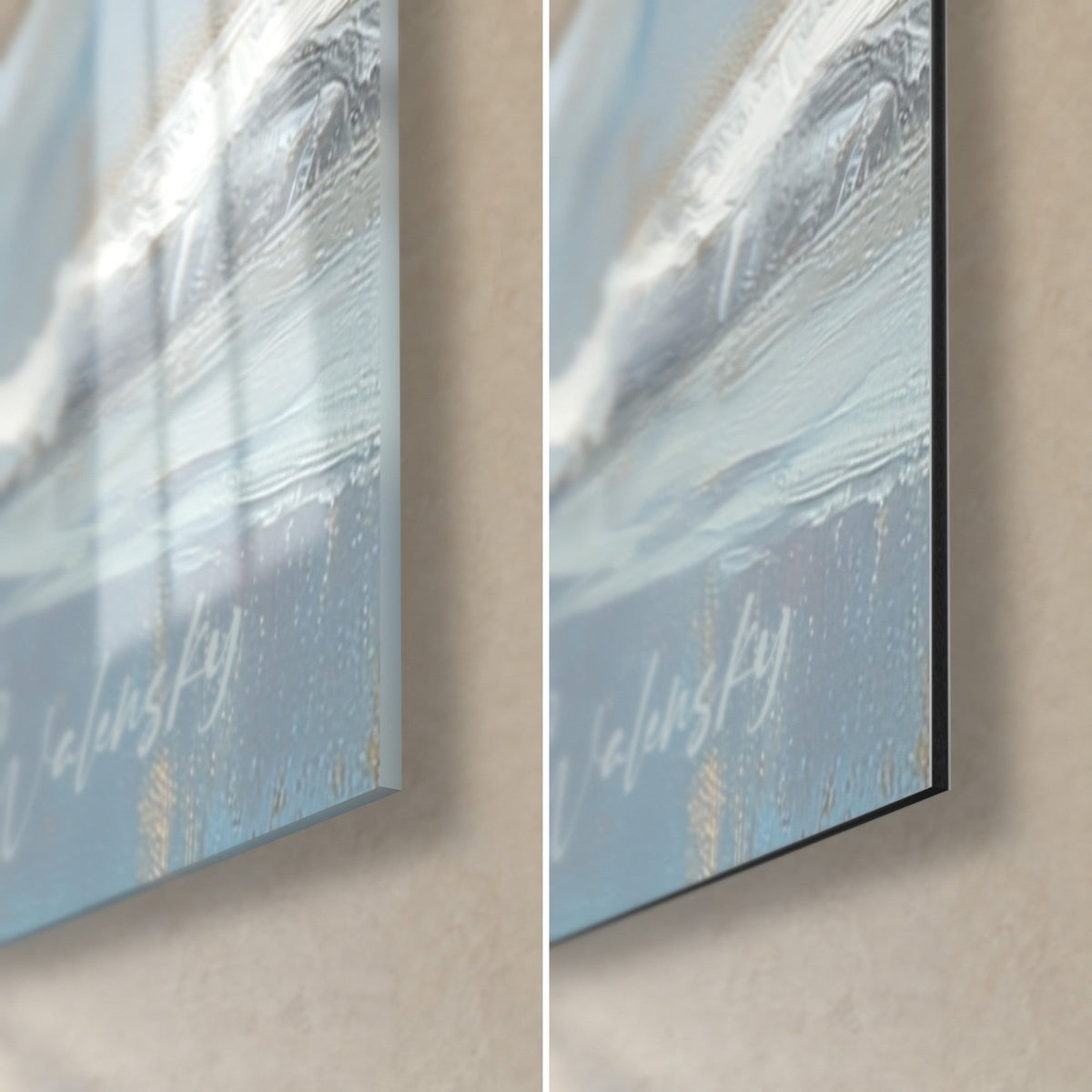 Wall art of a black terrier with tousled fur, pale blue waves and thick white foam, bottom right corner in glossy glass and matte Dibond