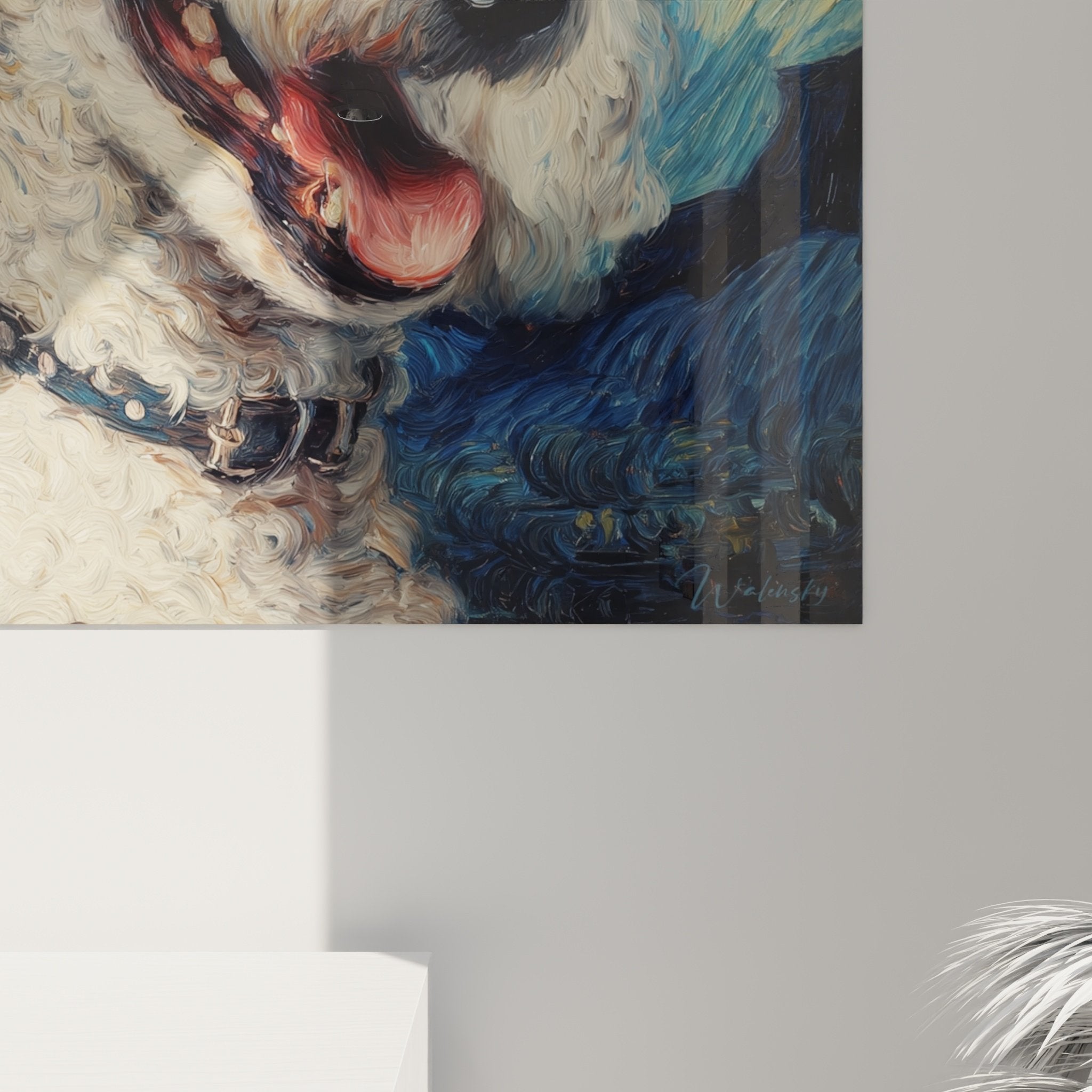 Vue d'ensemble tableau portrait caniche blanc joyeux sur arriere-plan bleu tourbillonnant style impressionniste