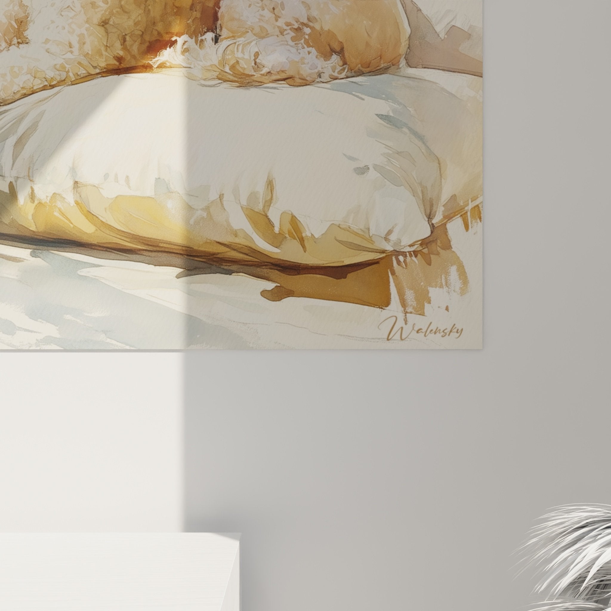 Vue d'ensemble tableau caniche sur fauteuil, composition harmonieuse tons neutres, style pictural doux et apaisant