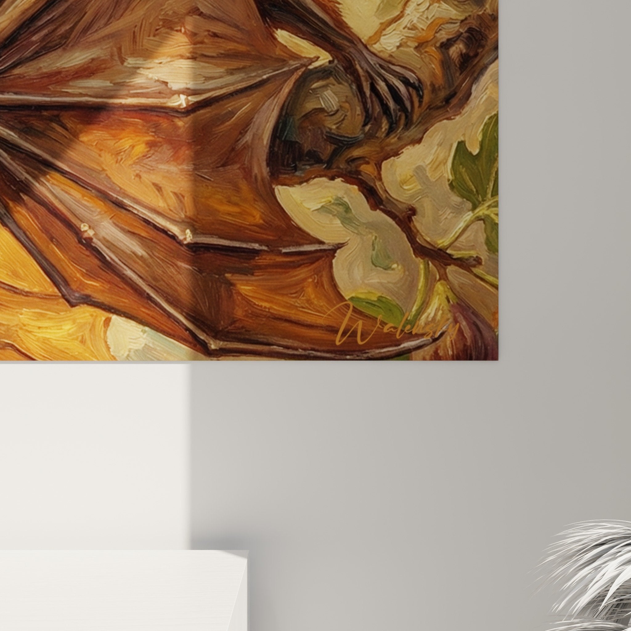 Vue ensemble tableau chauve-souris figuier palette doree ocre decoration interieure naturelle