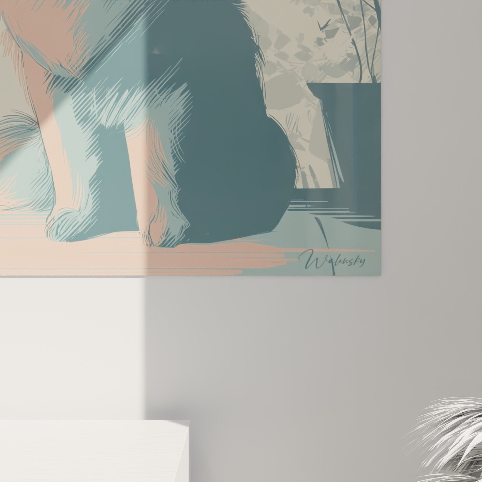 Vue d'ensemble œuvre murale Chow Chow style contemporain intégrée décoration salon tons poudrés harmonieux