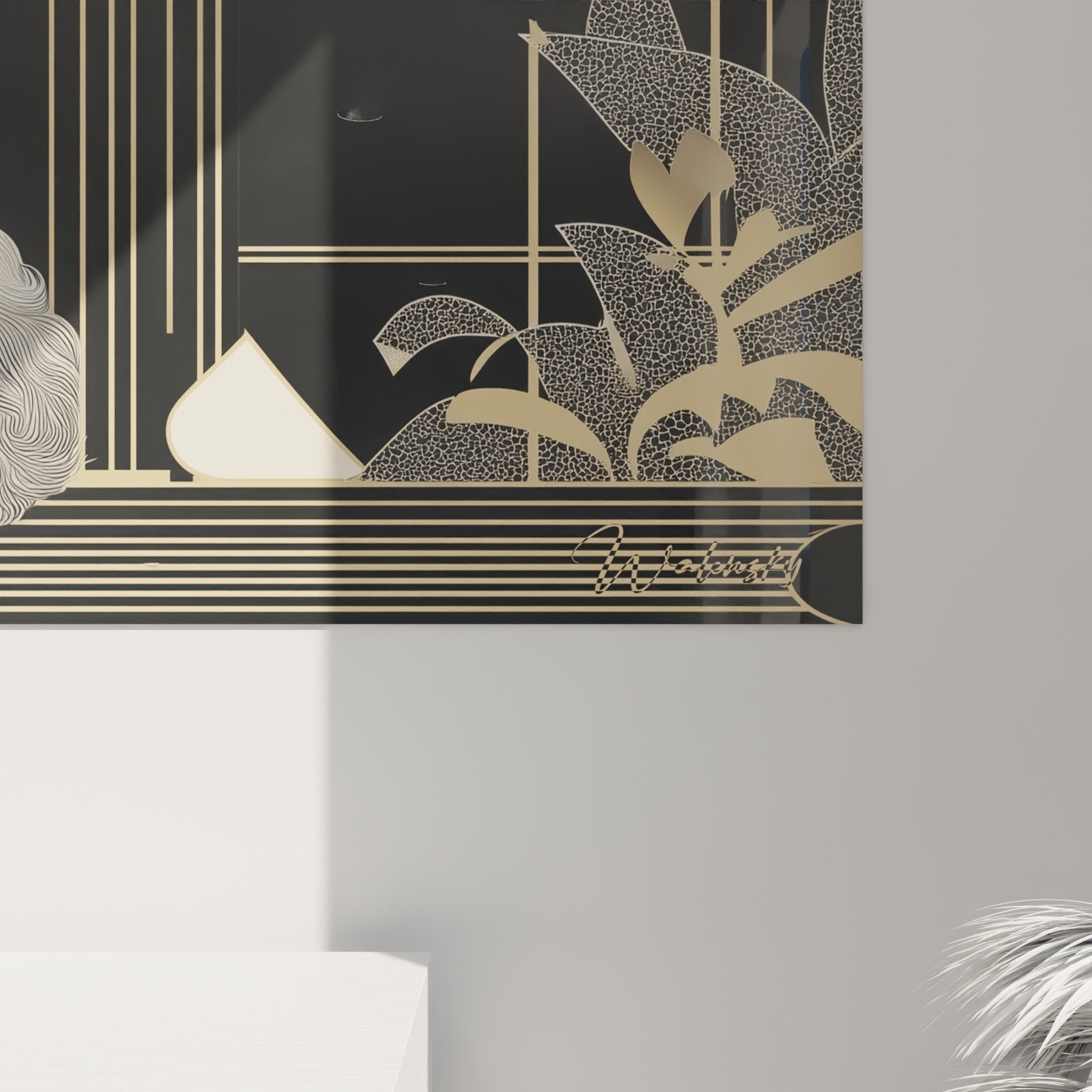 Vue d'ensemble tableau cocker blanc art déco avec motifs géométriques dorés et éléments végétaux stylisés