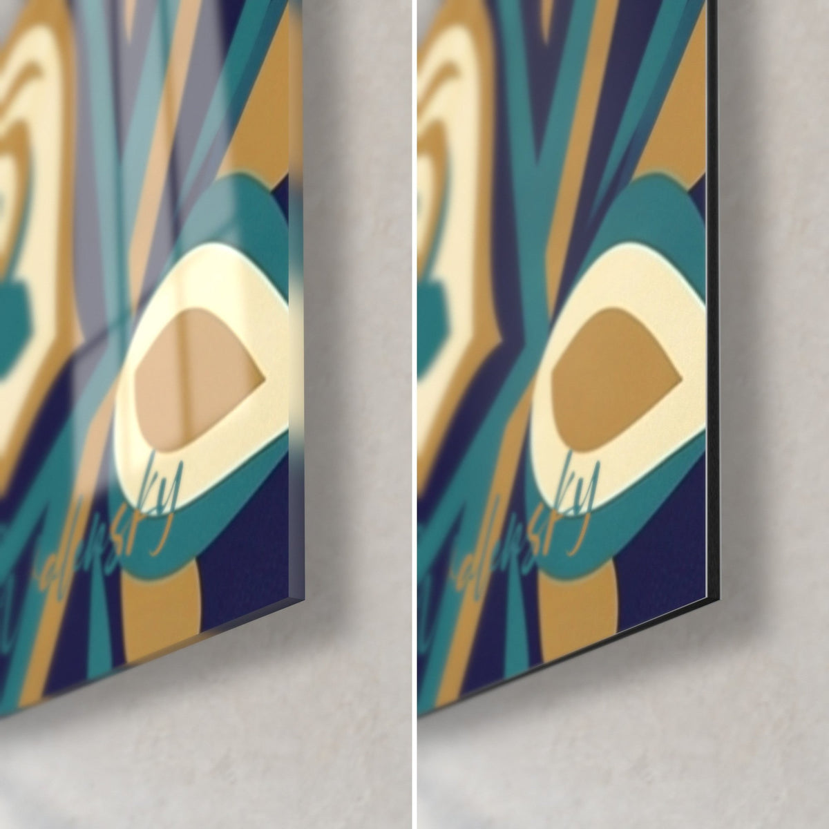 Gemälde stilisierter Cocker Spaniel, untere rechte Ecke: glänzendes Acrylglas mit Reflexen links, mattes Dibond rechts, 3 mm Stärke, Blau und Ocker