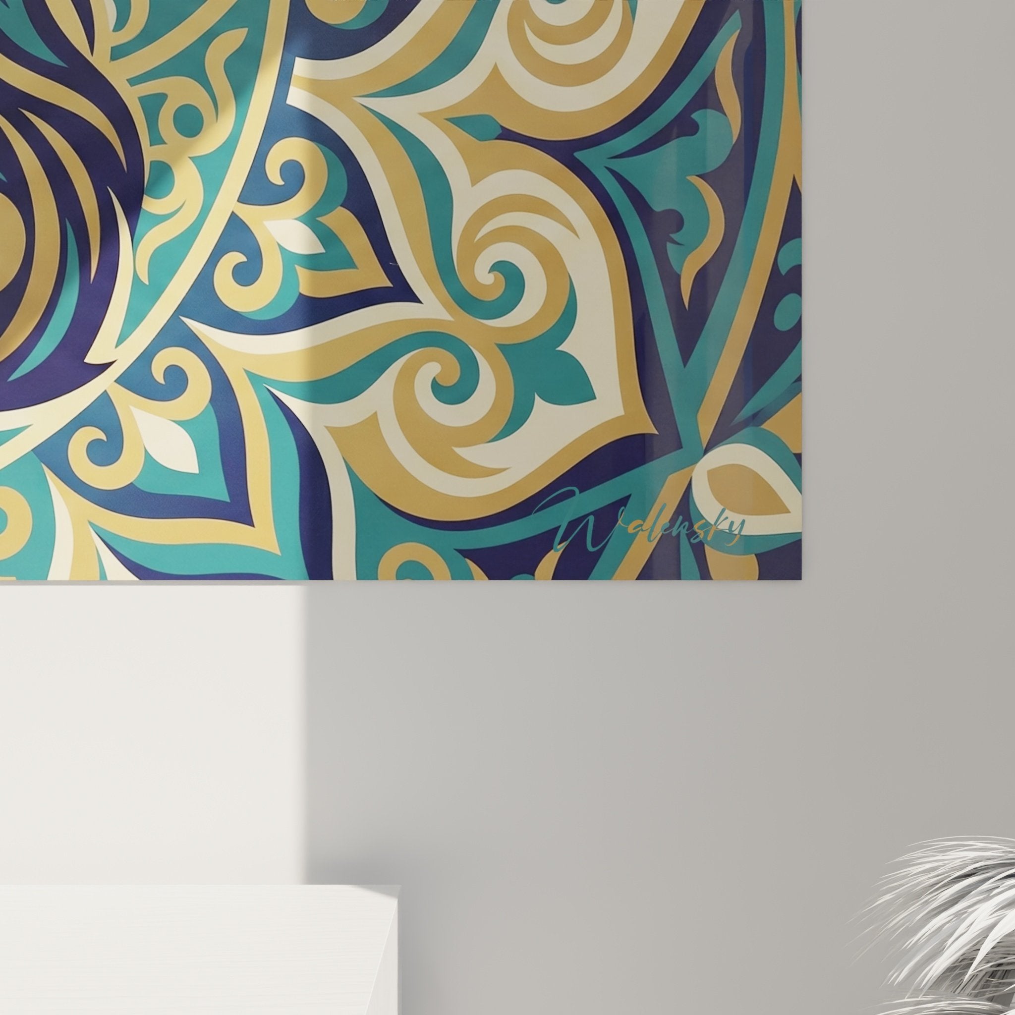 Vue d'ensemble œuvre ornementale Cocker Anglais palette turquoise et or style art décoratif