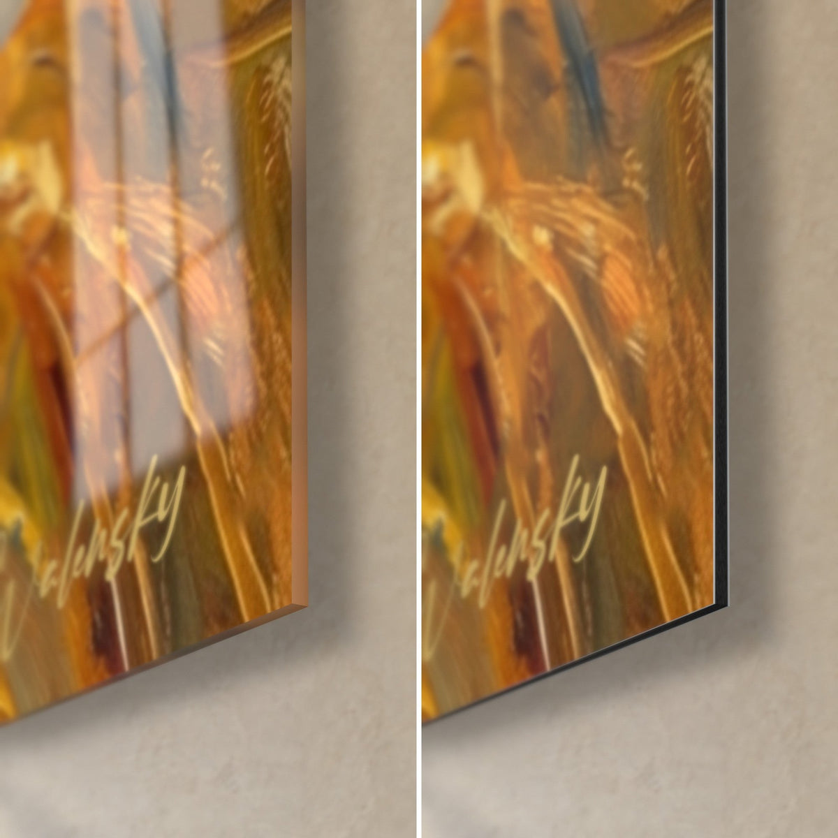 Tableau chien roux joyeux, coin bas droit : verre acrylique brillant à gauche, alu Dibond mat à droite, tranche de 3 mm