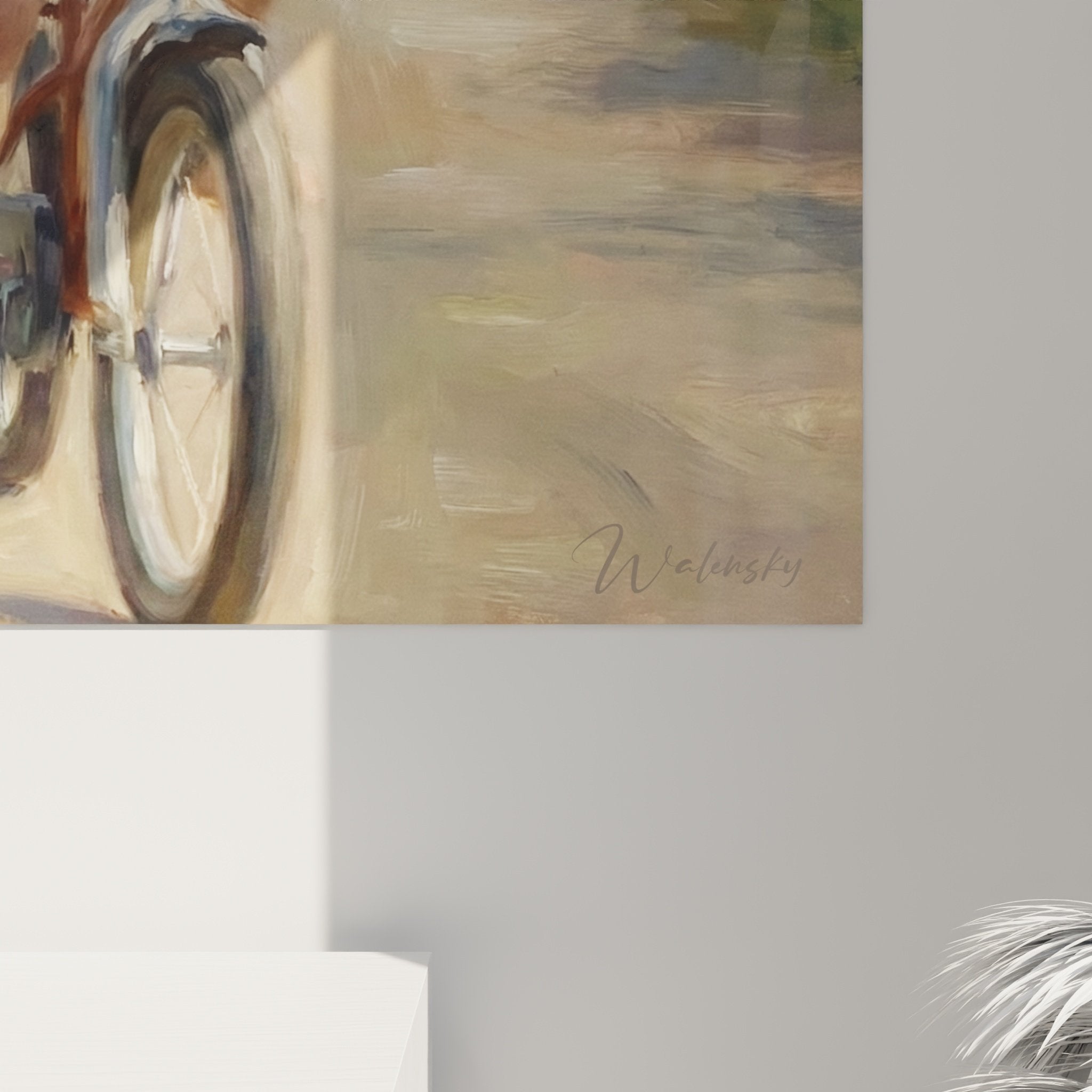 Vue d'ensemble du tableau champêtre montrant Collie et cycliste dans paysage rural aux tons dorés