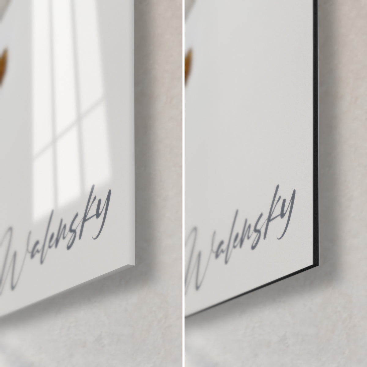 Schilderij kalligrafie in zwart en goud, rechtsonder: glanzend acrylglas links, mat Dibond aluminium rechts, fijne rand