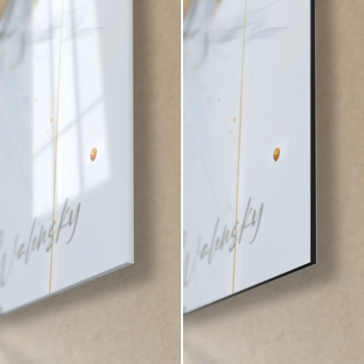 Wall art gold paint splash on white, bottom right corner: glossy acrylic glass on the left, matte black Dibond aluminium on the right
