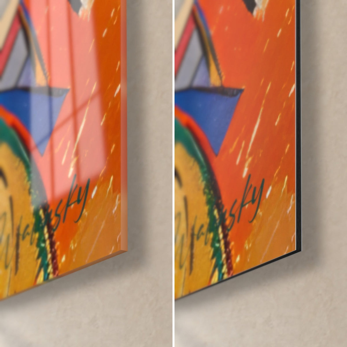 Tableau explosion géométrique, coin bas droit : orange vif et bleu cobalt, verre brillant à gauche, Dibond mat à droite