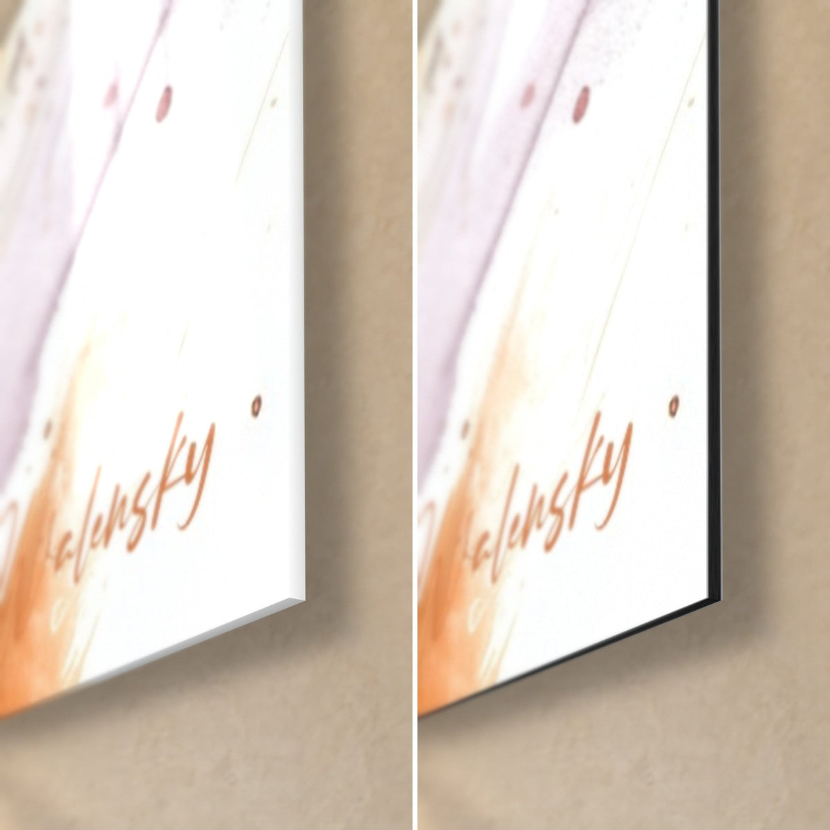 Gemälde mit orangefarbenen und pflaumenfarbenen Hafergrannen, unten rechts kupferfarbene Signatur, links glänzendes Glas, rechts mattes Dibond