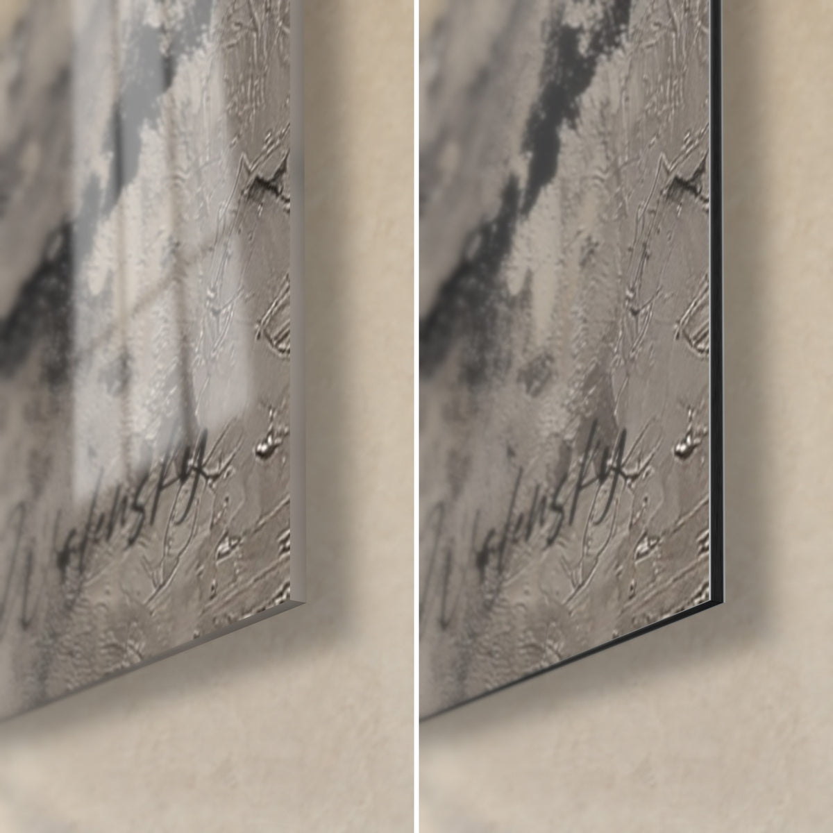 Gemälde schwarzer Kreis auf aschgrauem Grund, untere rechte Ecke: glänzendes Acrylglas links, mattes Dibond-Aluminium rechts, 3 mm Kante