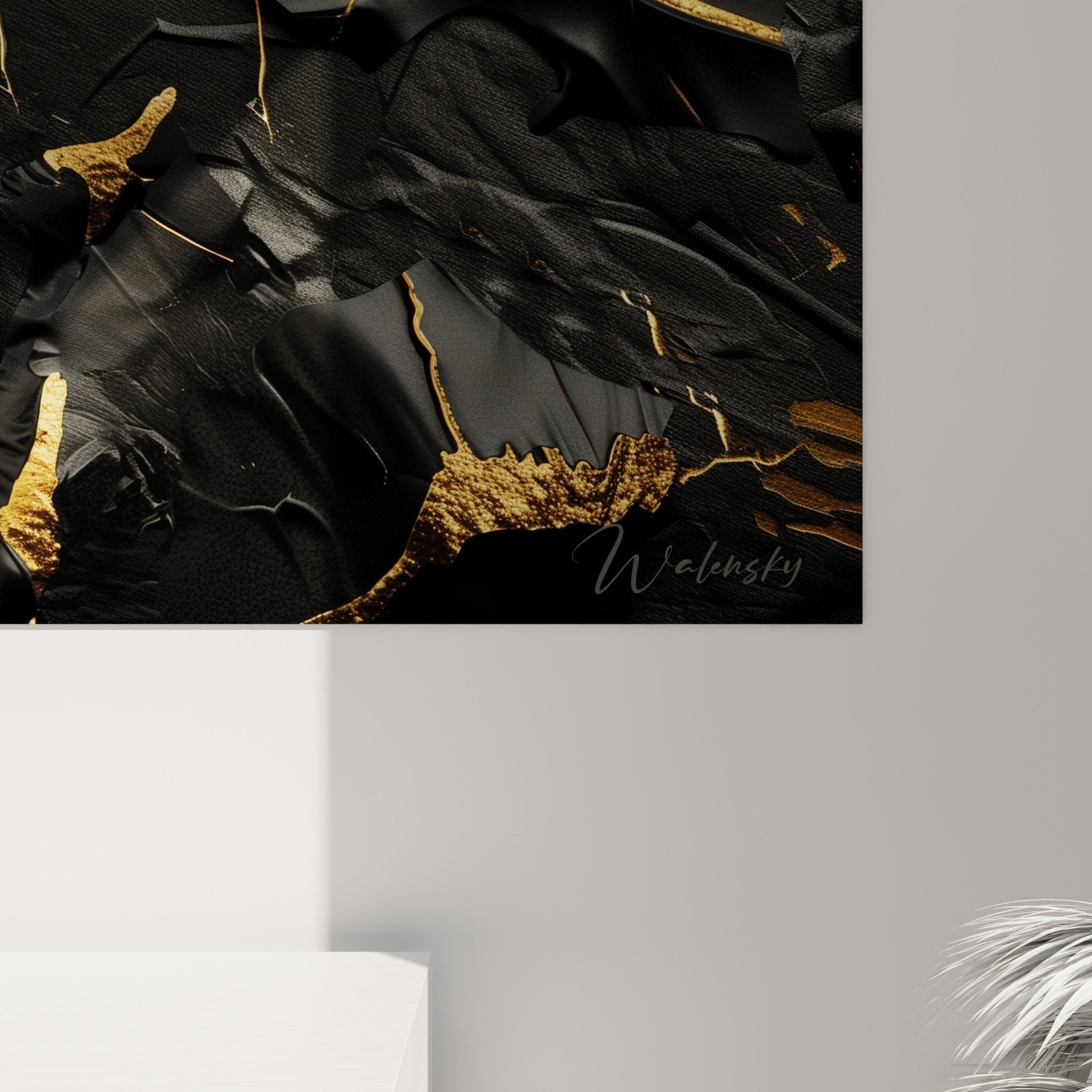 Overview of abstract black and gold kintsugi composition in interior design