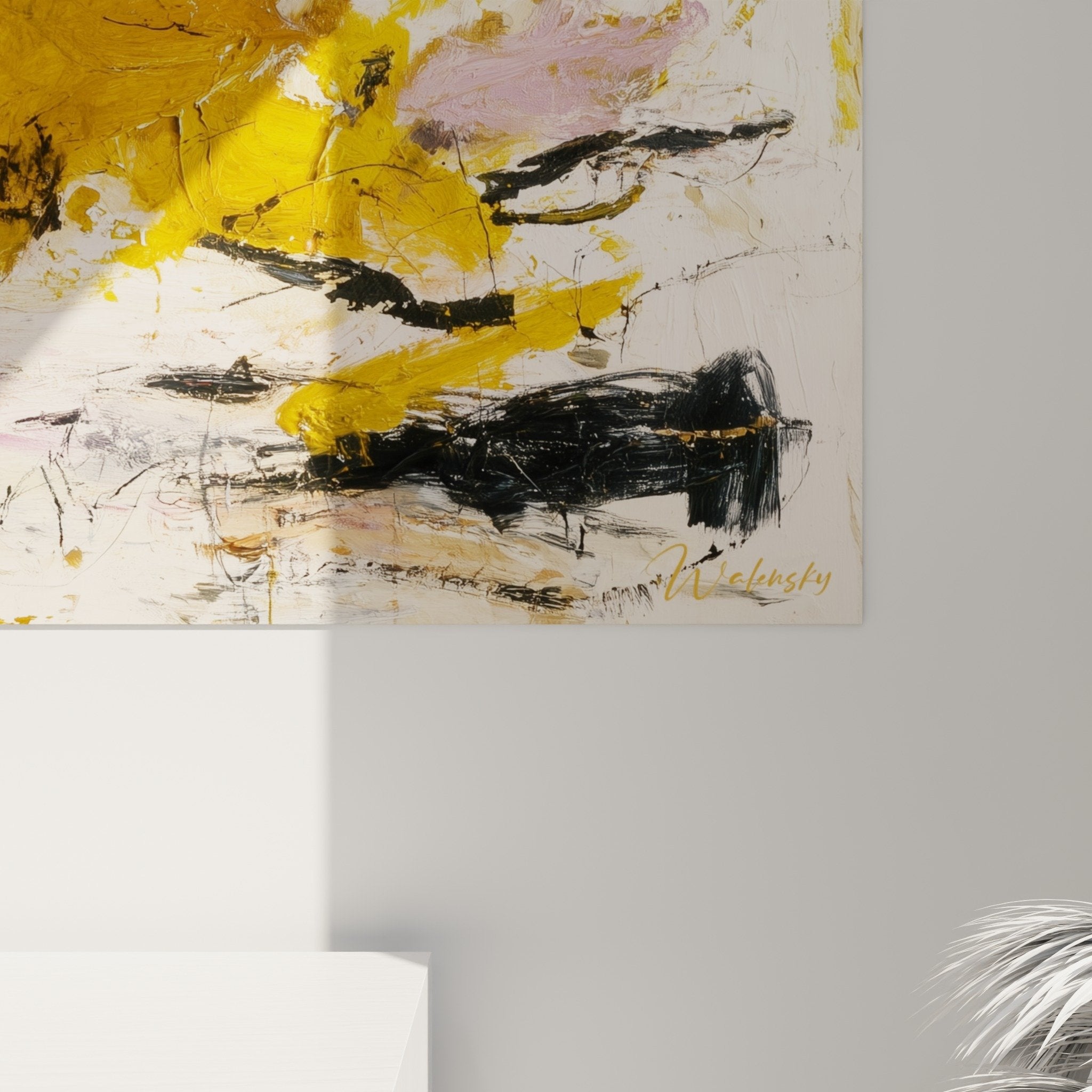 Overall view of abstract artwork in pastel tones, harmonious composition with ochre, pink and black