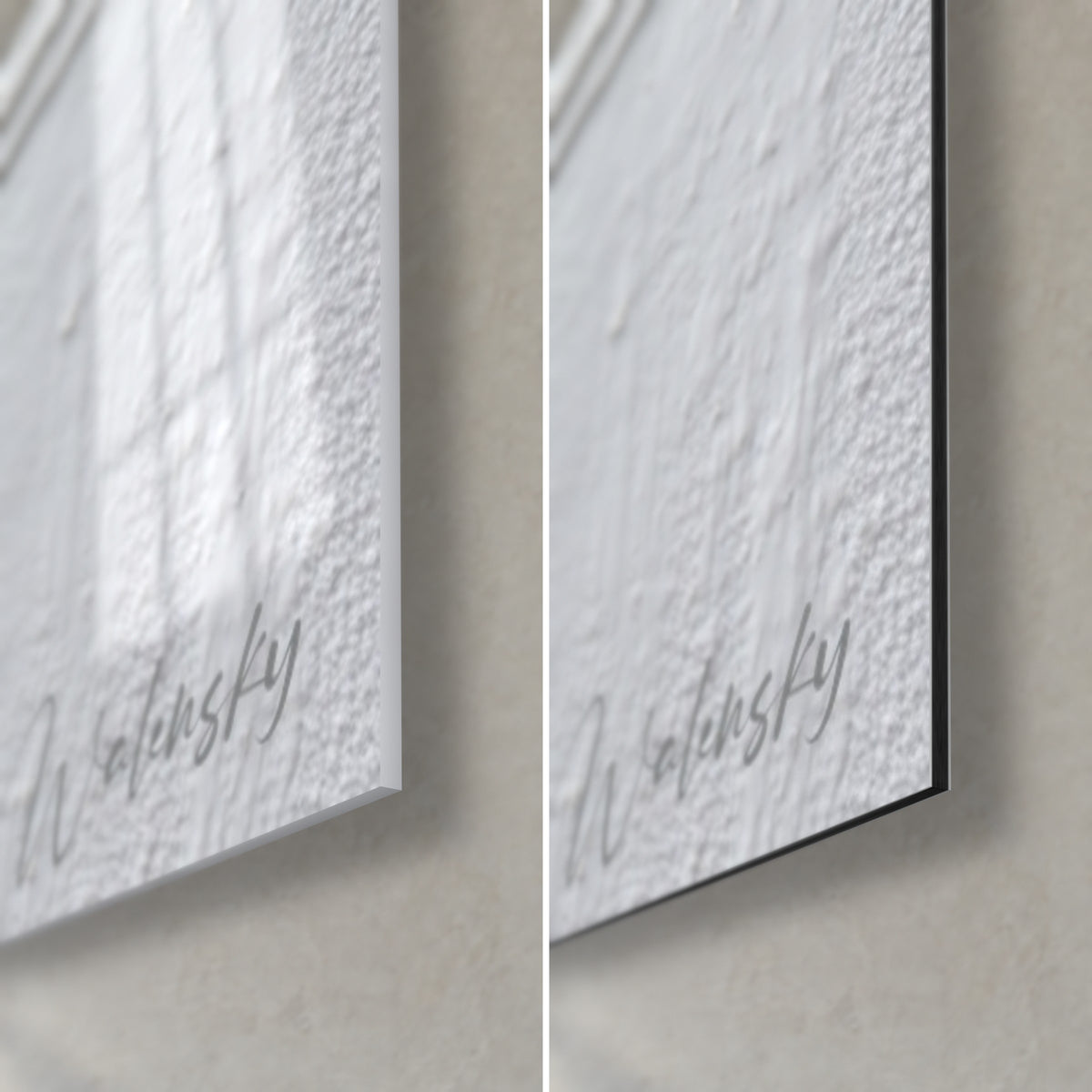 Schilderij met witte gestreepte impasto en grijs linnen, rechter onderhoek in glanzend acrylglas links, mat Dibond aluminium rechts, rand van 3 mm