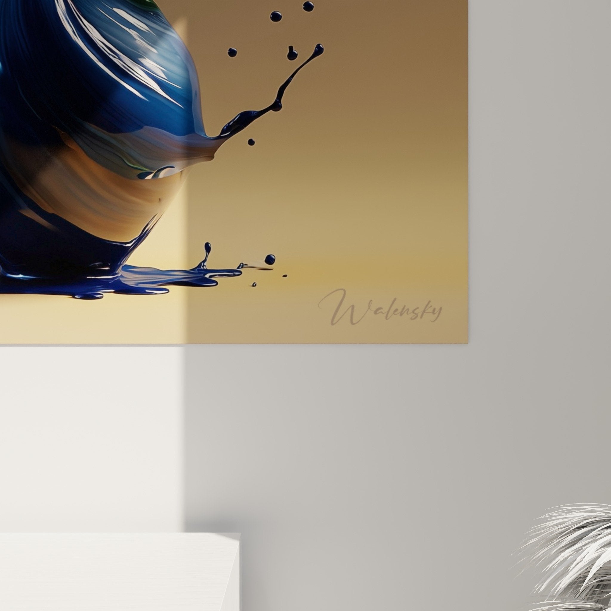 Overview of modern floral composition with blue ceramic vase and suspended elements