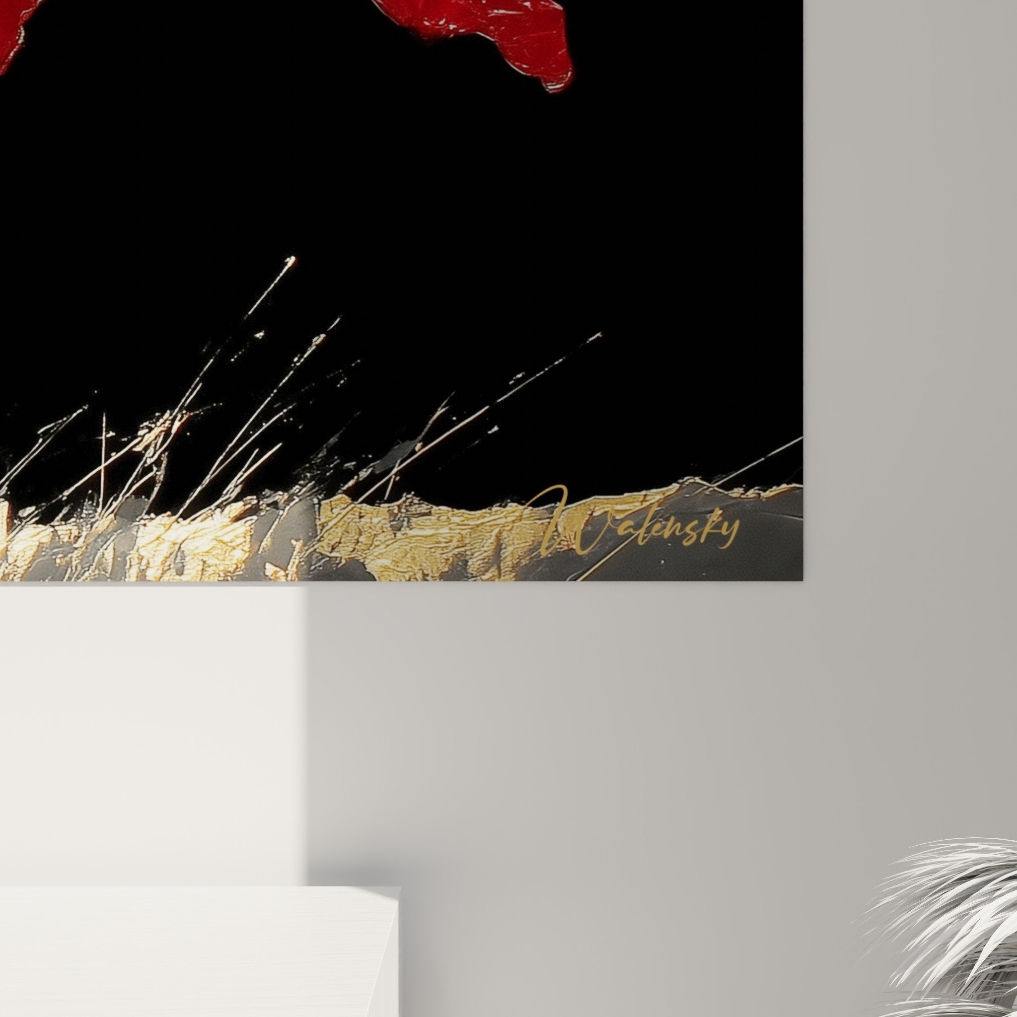 Full view red poppies painting black background, elongated golden stems, contemporary floral composition