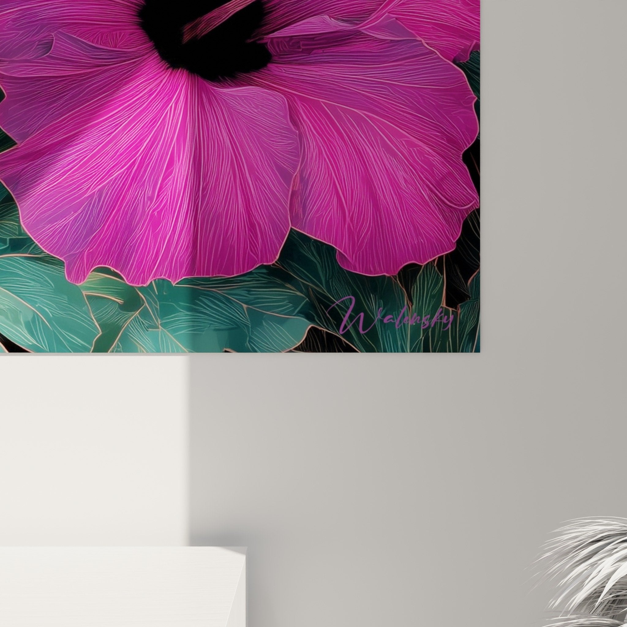 Overall view tropical hibiscus purple flowers turquoise green foliage golden ochre background floral composition