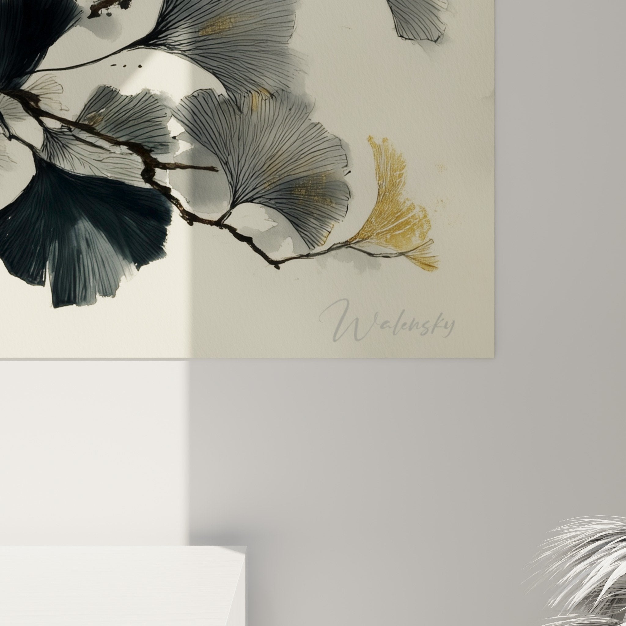 Vue ensemble tableau ginkgo aquarelle composition branches feuilles éventail palette gris doré décoration murale