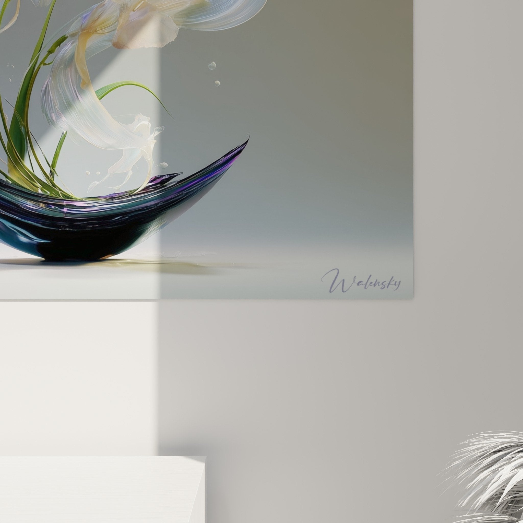 Vue ensemble tableau ikebana lys blancs vase courbes noires contraste lumiere douce composition florale