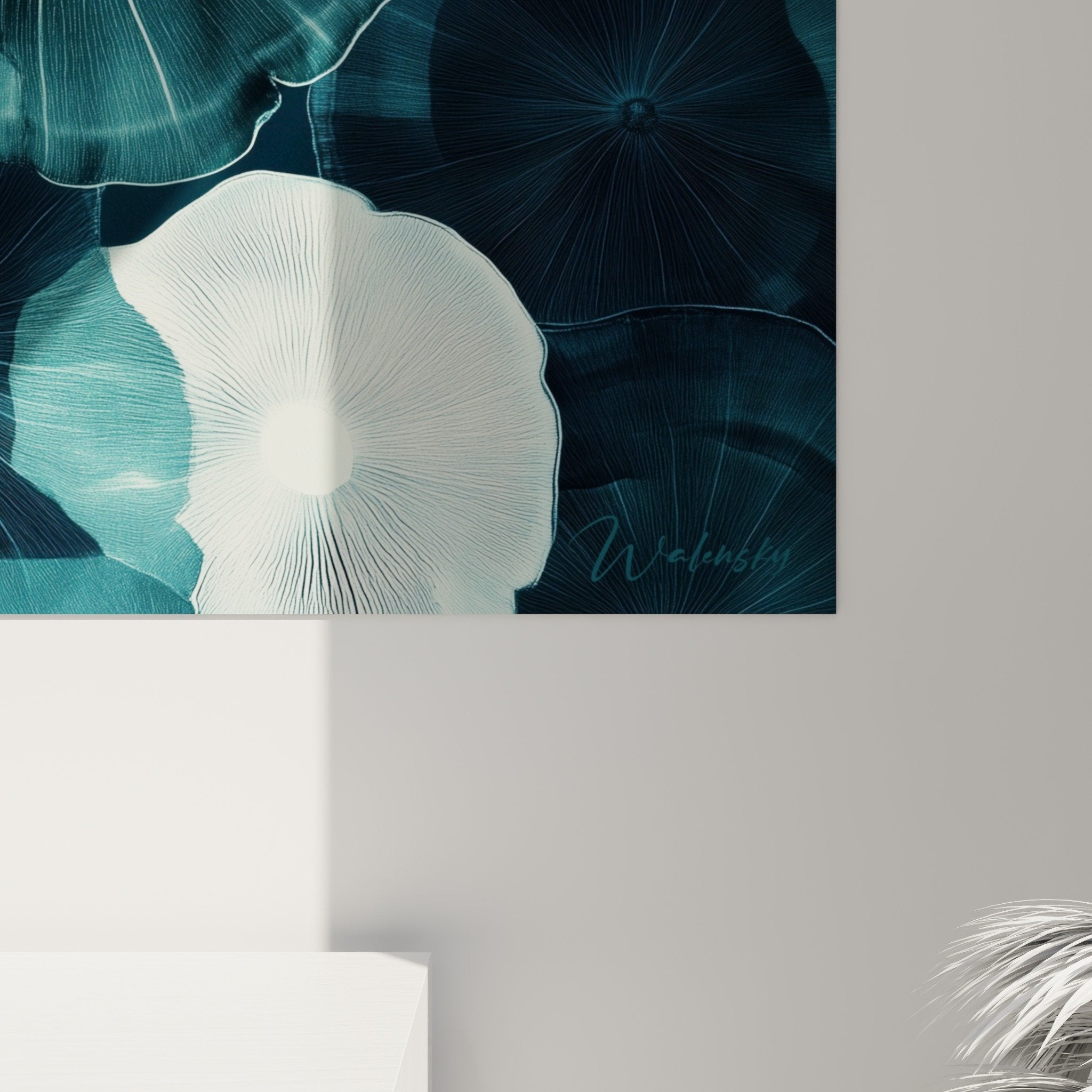 Vue d'ensemble composition feuilles lotus superposées tons turquoise cuivre ambiance aquatique
