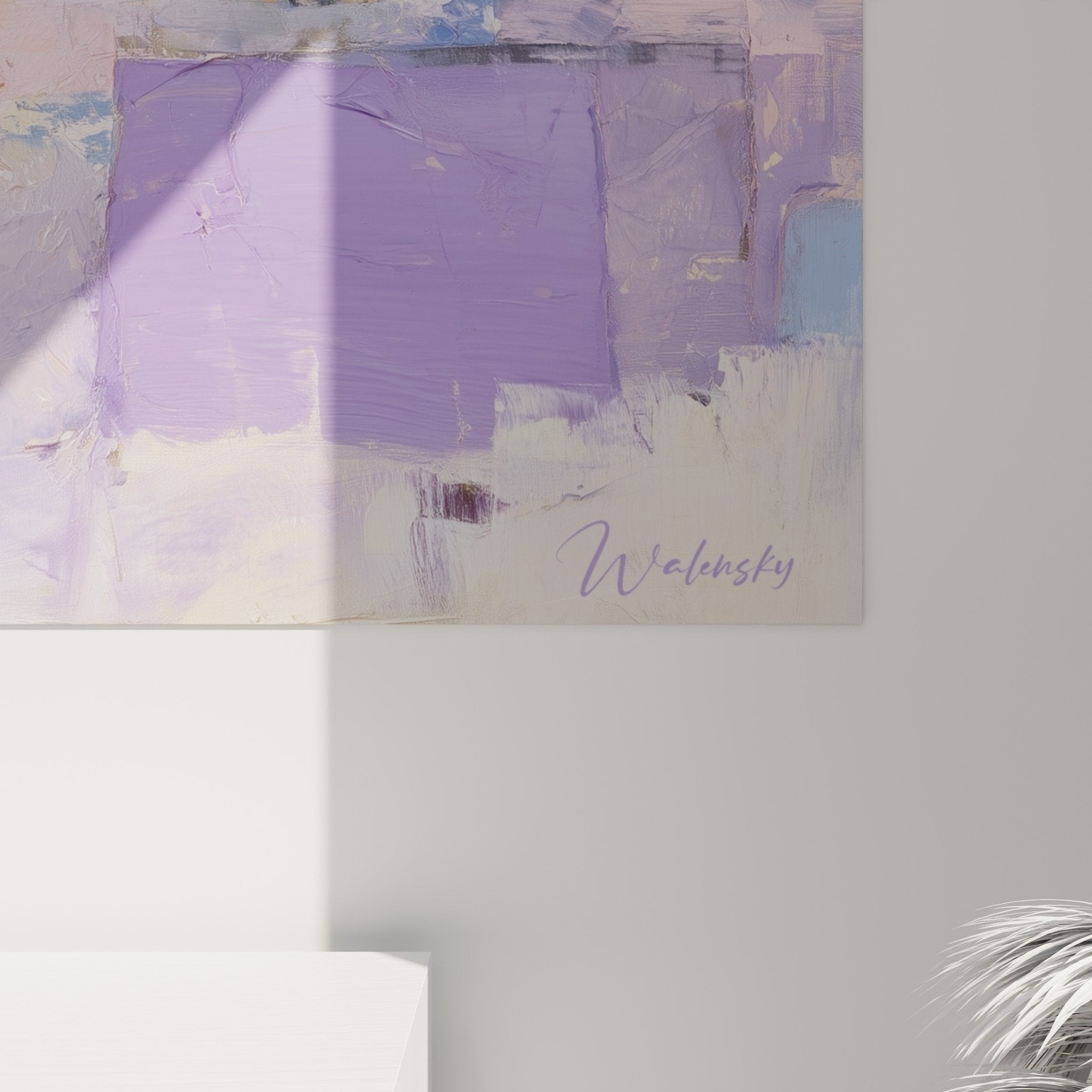 Vue d'ensemble œuvre abstraite nuances violet orange blanc - Art mural harmonieux Sud-Est Bois