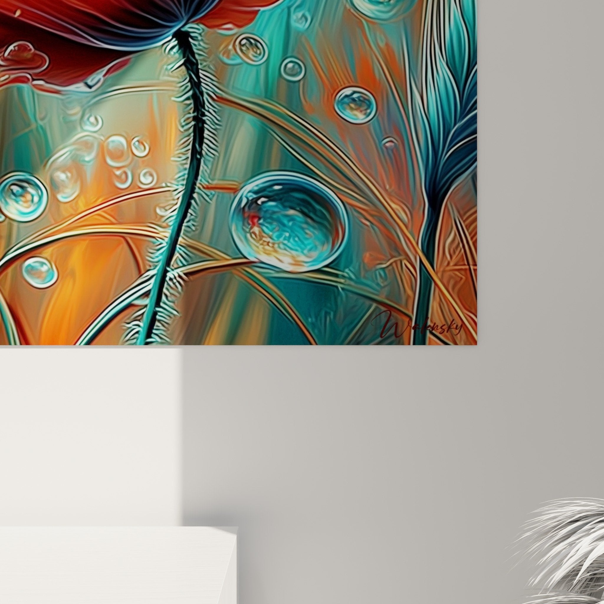 Panoramica del quadro papavero acquatico arancione turchese, arte murale contemporanea floreale