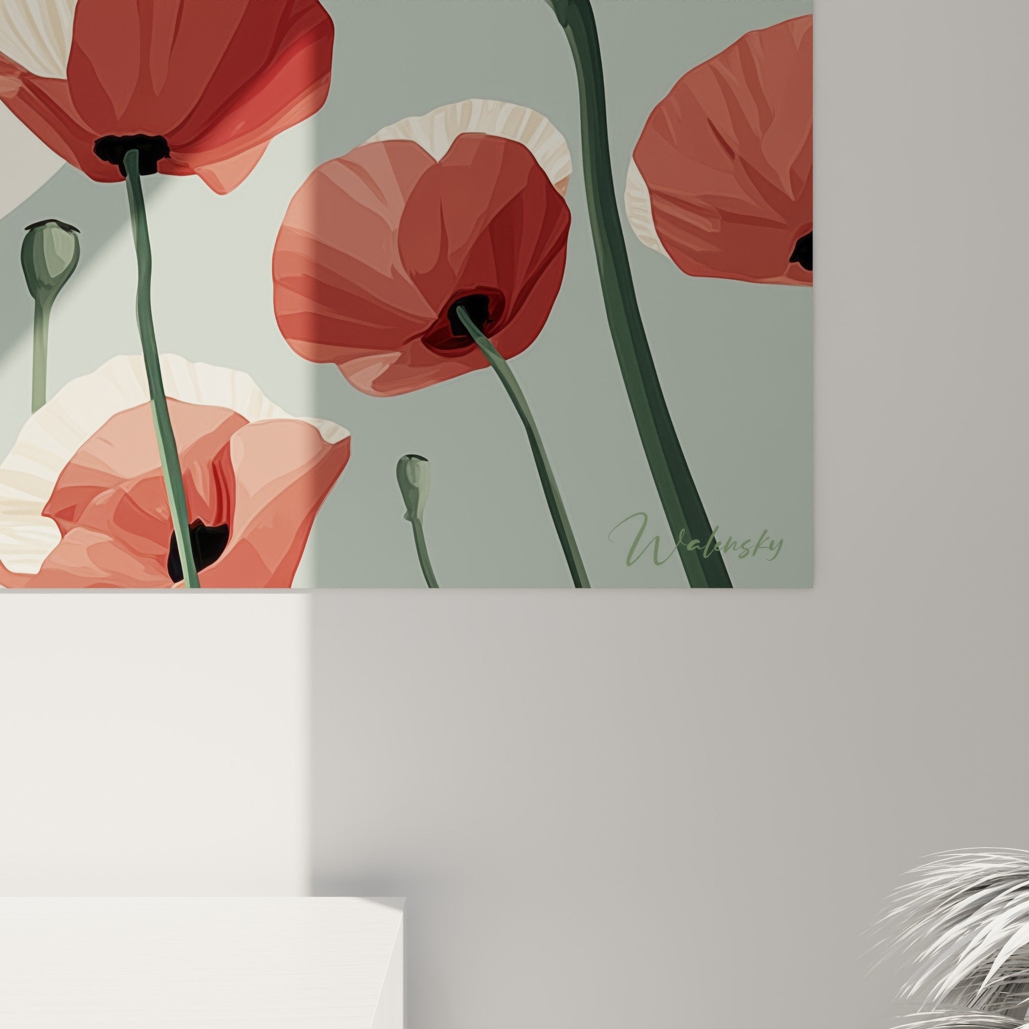 Vue d'ensemble composition florale coquelicots colorés, harmonie chromatique rouge crème vert sauge
