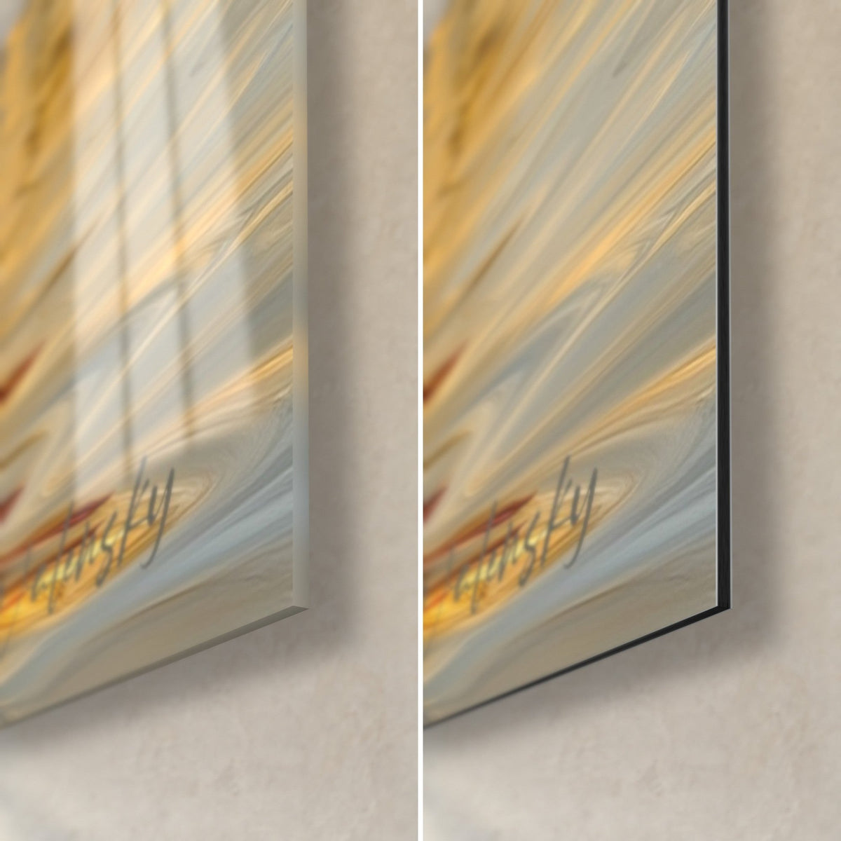 Wall art with poppies in golden paste, bottom right corner: glossy acrylic glass on the left, matte black Dibond aluminium on the right, 3 mm edge