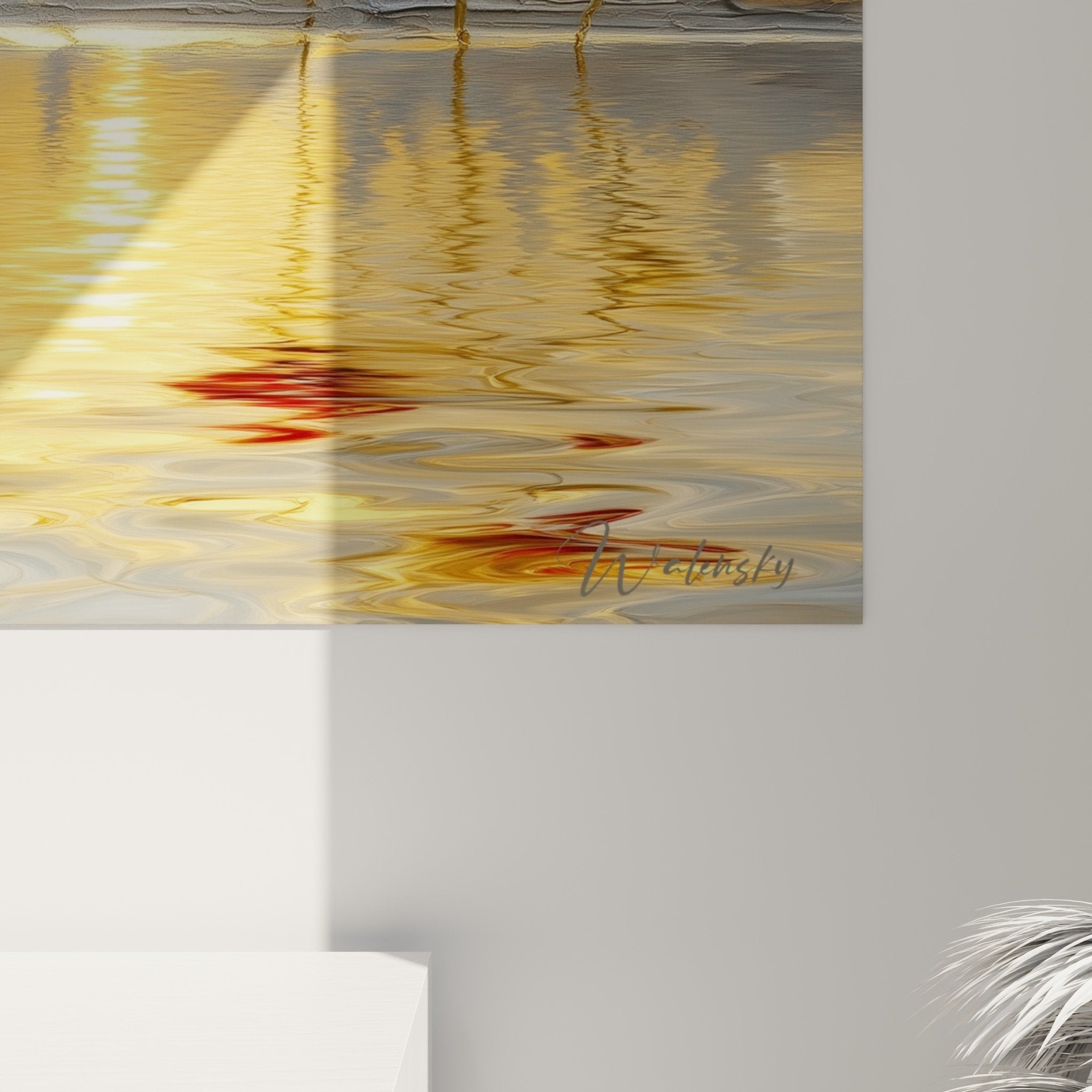 Overview of golden poppies artwork with water reflections in contemporary living room interior