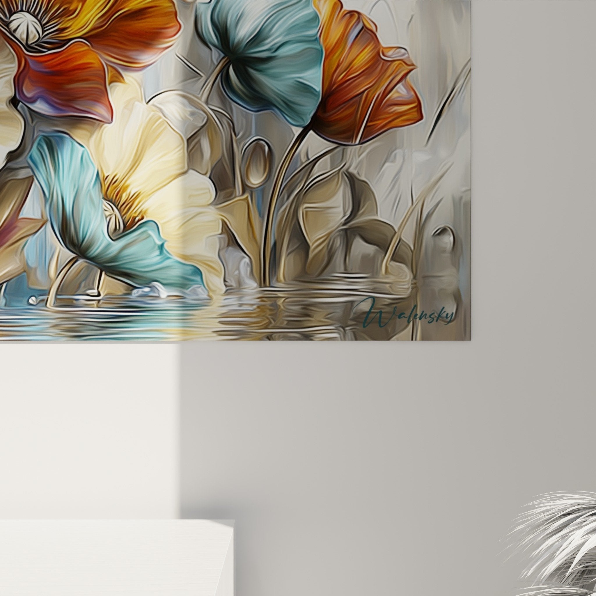 Vue ensemble tableau coquelicots métallisés format panoramique avec effets de profondeur et bulles lumière