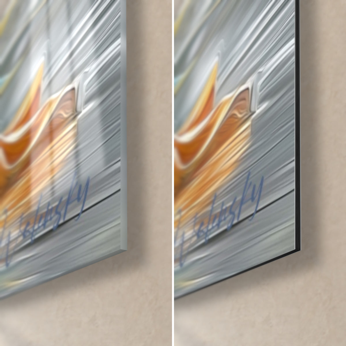 Tableau pavots orange et crème, coin bas droit : verre acrylique brillant à gauche, alu Dibond mat à droite, tranche 3 mm