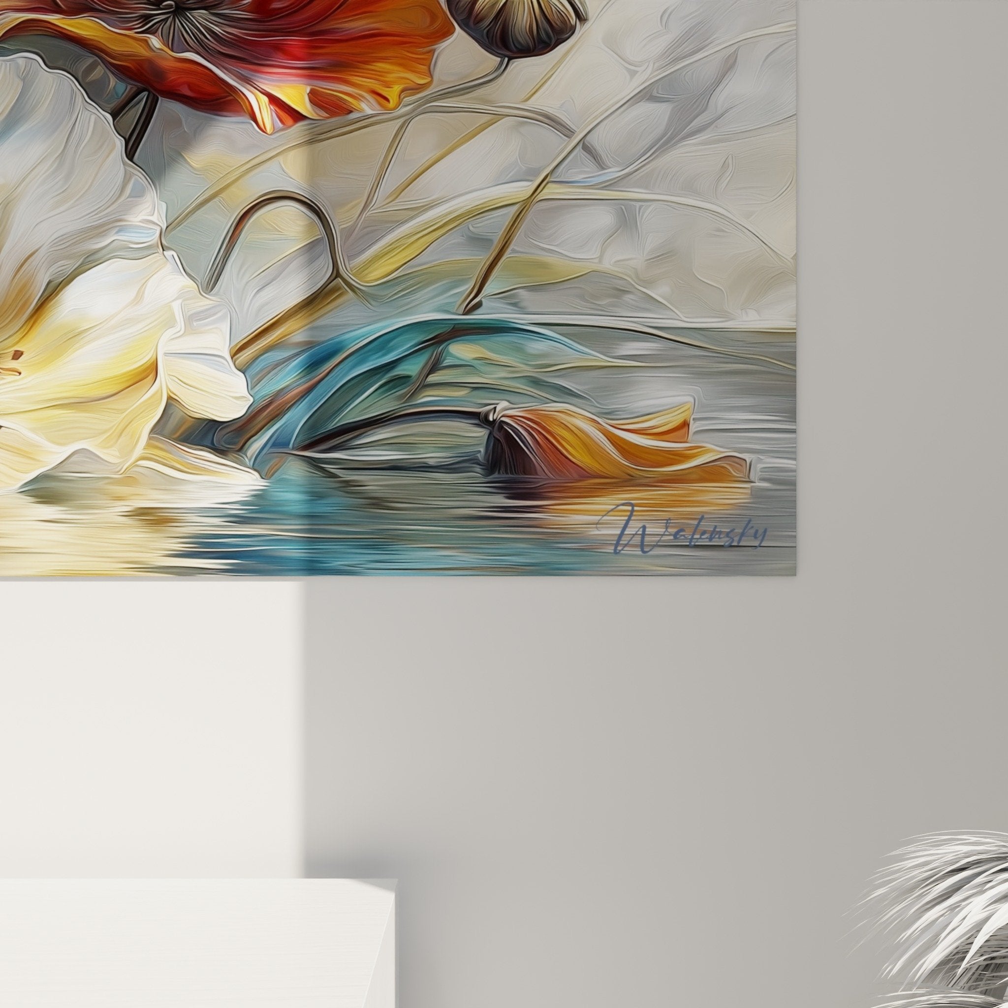 Vue ensemble tableau coquelicots reflets eau turquoise, art floral contemporain décoration murale élégante