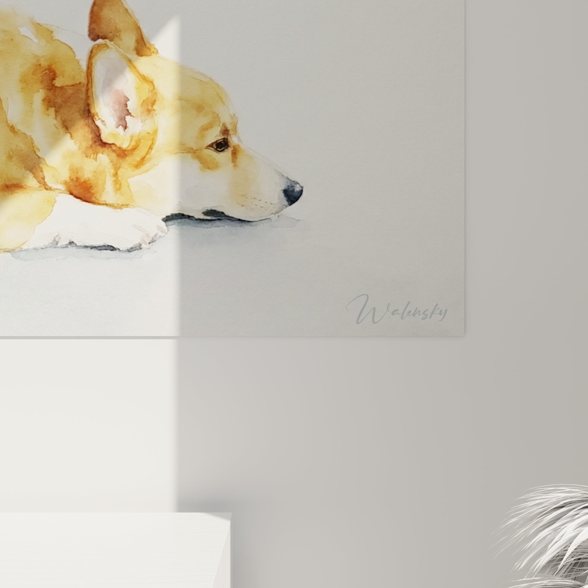 Übersichtsansicht Corgi-Aquarell-Wandbild Panoramaformat in wärmlichem Interieur mit natürlichen Tönen