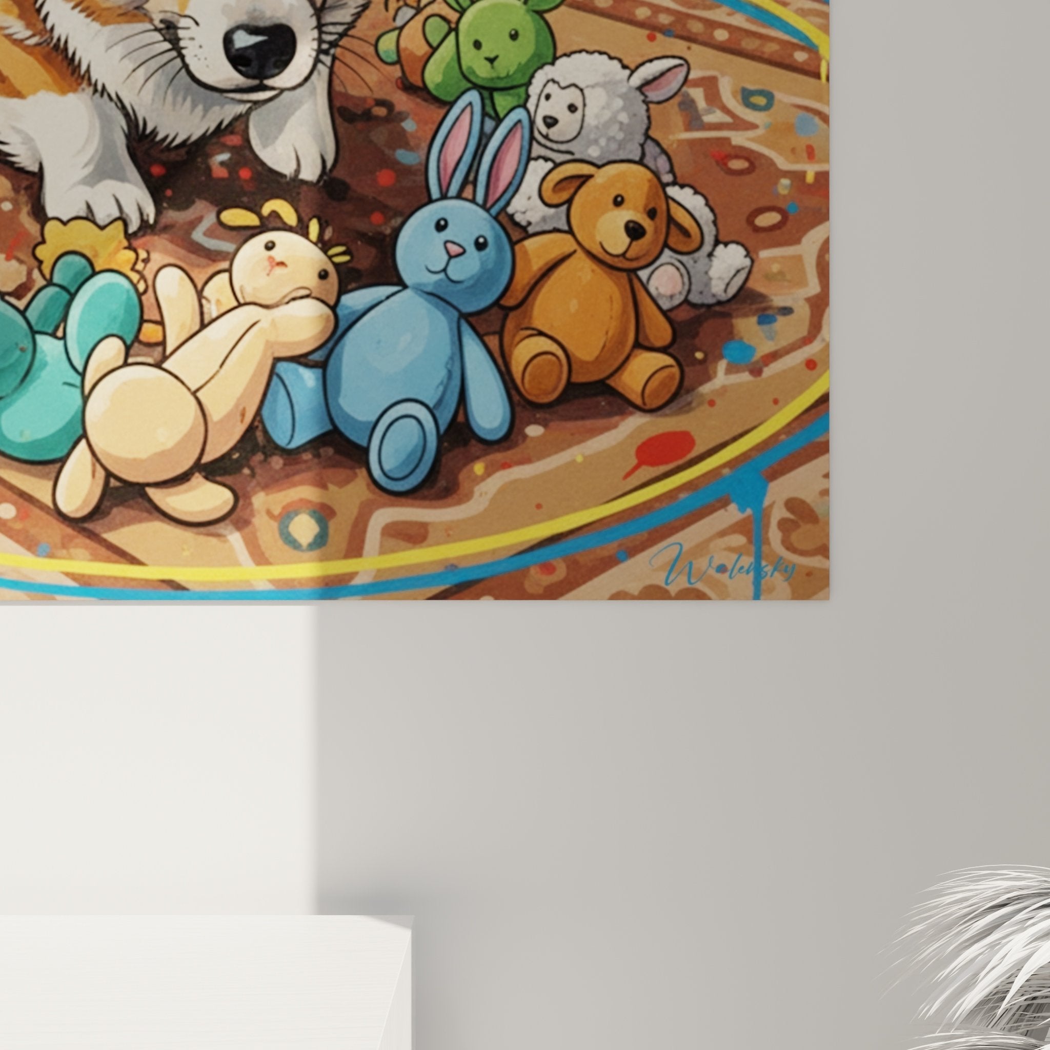 Übersicht Corgi und Plüschtiere Kunstwerk - zeitgenössische Wandkunst für gemütliches Interieur