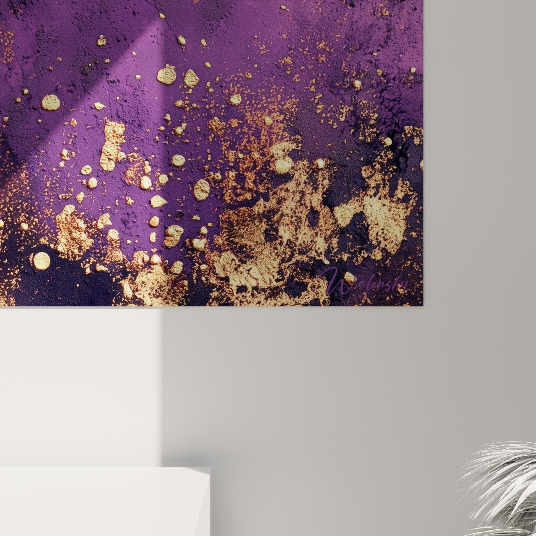 Overview of the mystical cosmos abstract painting with purple hues and golden accents