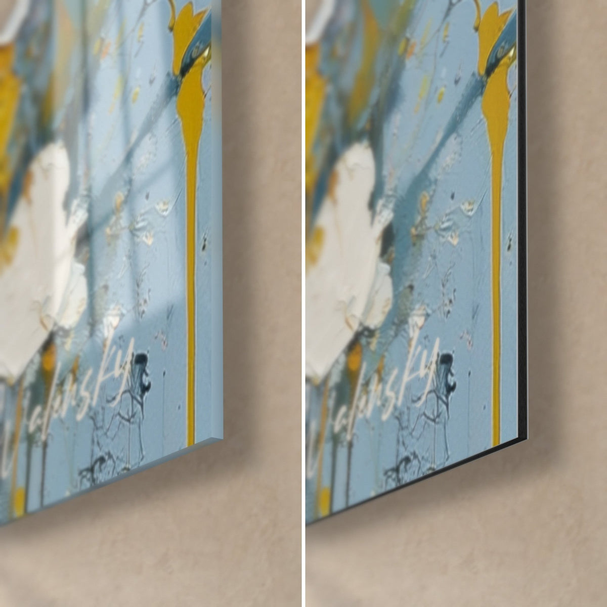 Gemälde eines weißen Hundes mit dichtem Fell, untere rechte Ecke: glänzendes Acrylglas links, mattes Dibond-Aluminium rechts, gelbe Laufspuren