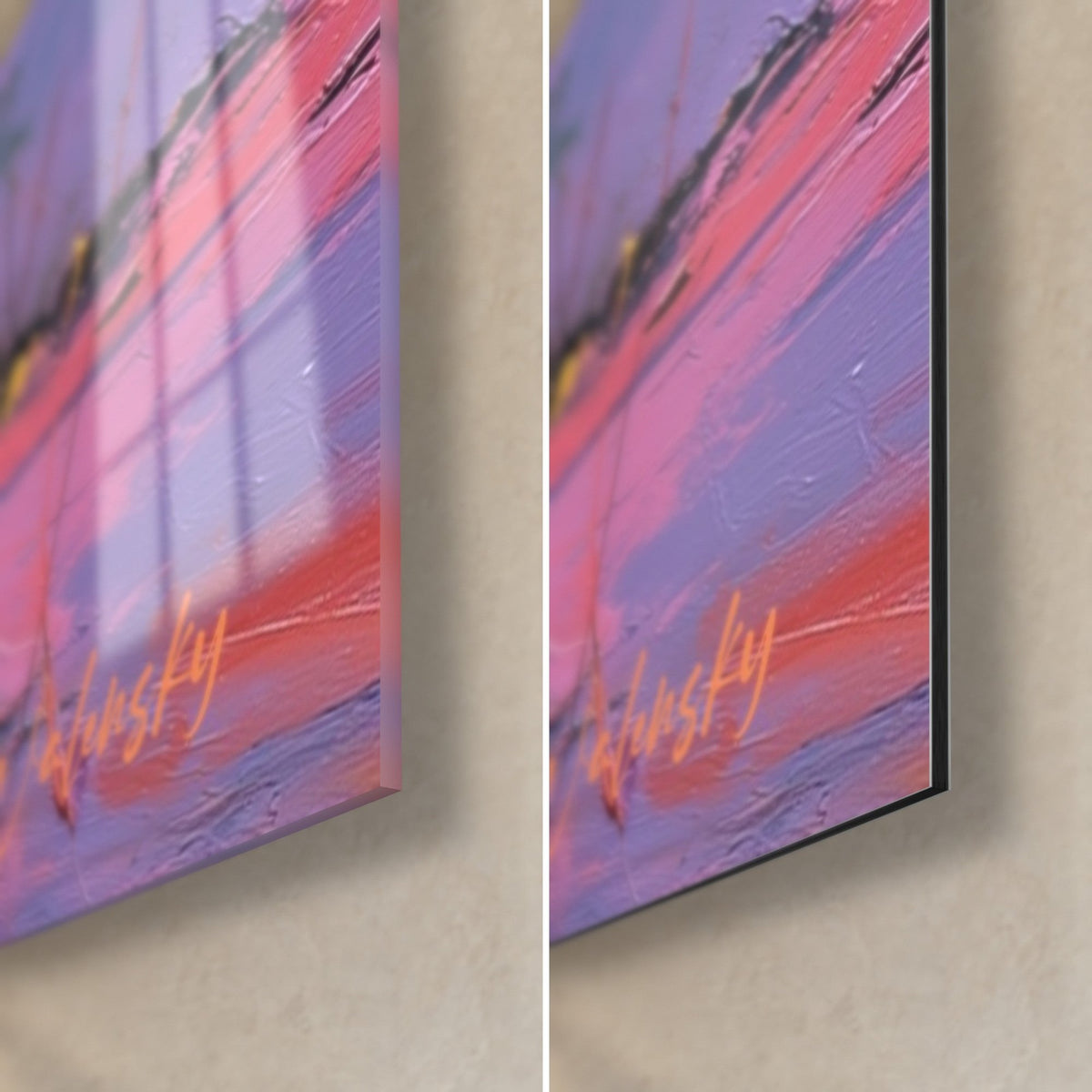 Gemälde abstrakter Sonnenuntergang, untere rechte Ecke: leuchtend rosa und violette Pastositäten, orangefarbene Signatur, schwarze Seitenkante 3 mm