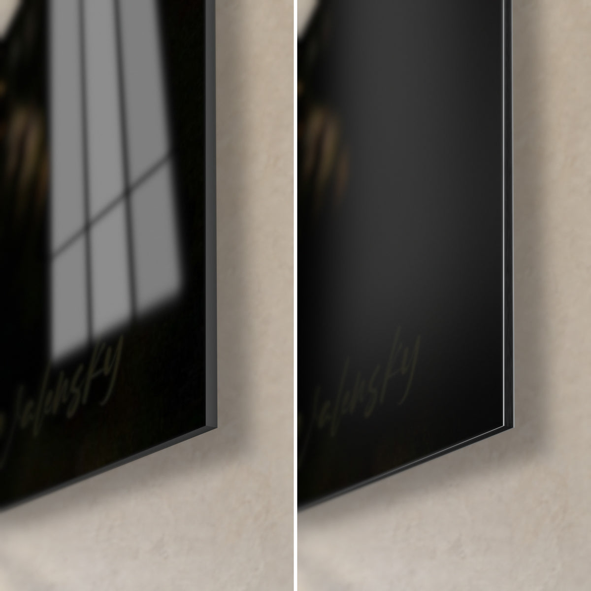 Gemälde goldene Kröte, untere rechte Ecke: glänzendes schwarzes Acrylglas mit Fensterreflexen links, mattes Dibond-Alu rechts