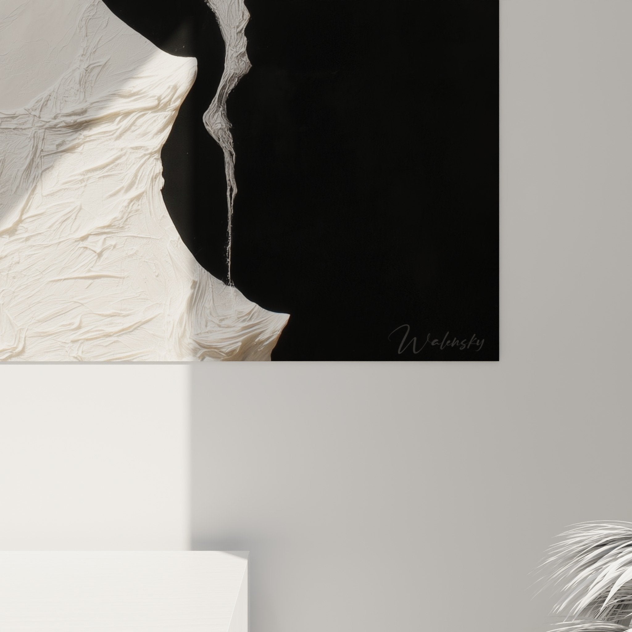 Vue ensemble tableau abstrait noir blanc decoration murale moderne feng shui nord ouest metal