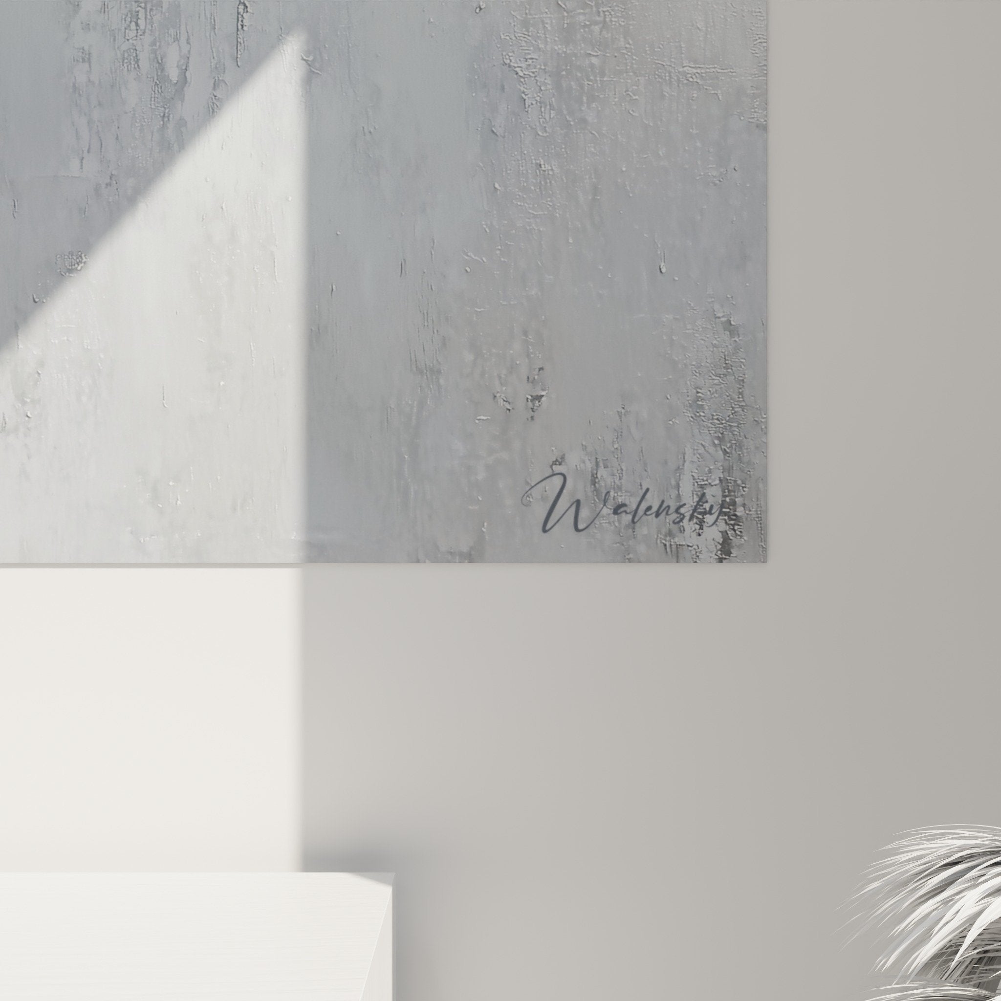 Vue ensemble tableau mural abstrait, composition harmonieuse tons neutres, integration deco contemporaine