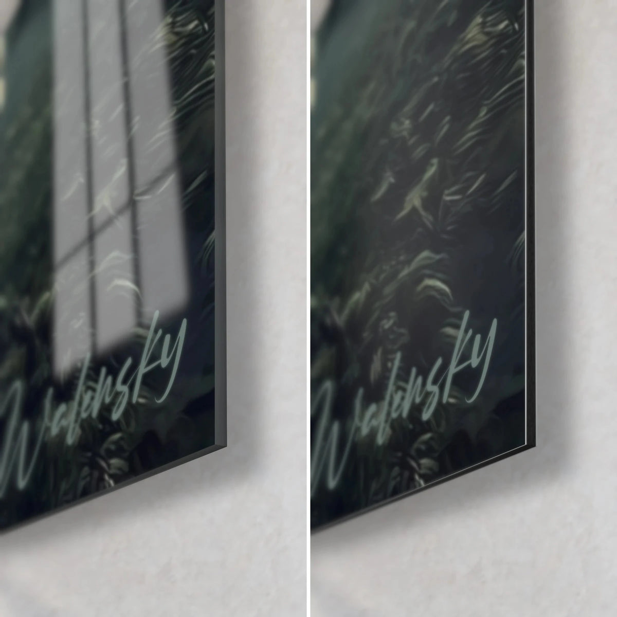 Wall art white scaly dragon-dinosaur with ivory spikes, bottom right corner, glossy acrylic glass on the left, matte Dibond on the right
