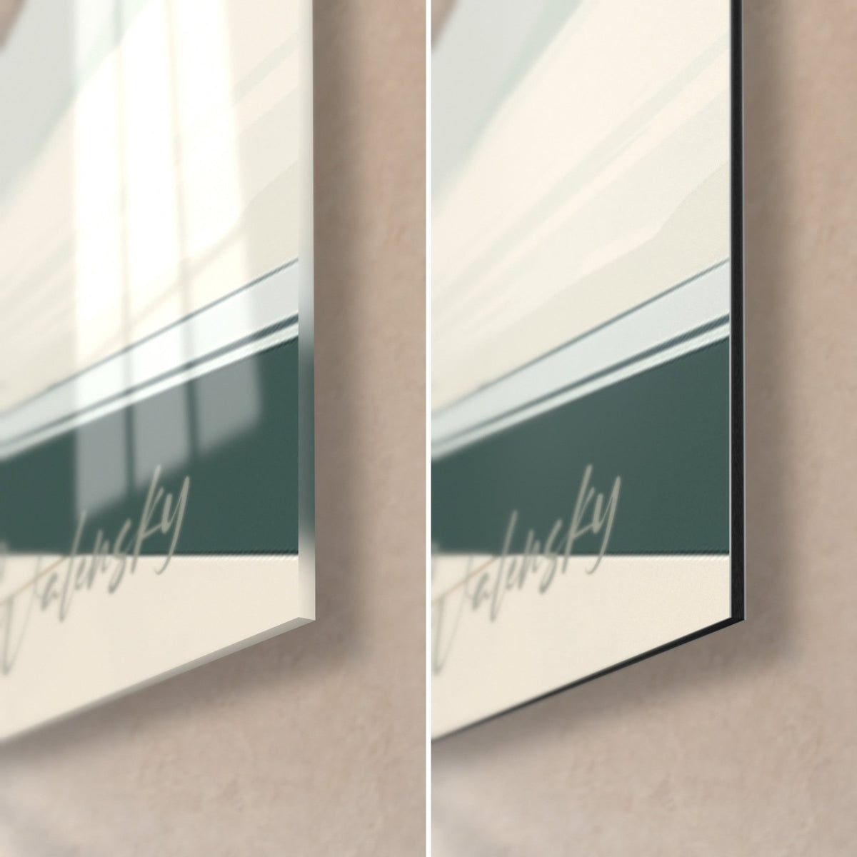 Schilderij Rood-witte hond, rechtsonder: glanzend acrylglas links, mat zwart Dibond-aluminium rechts, 3 mm rand