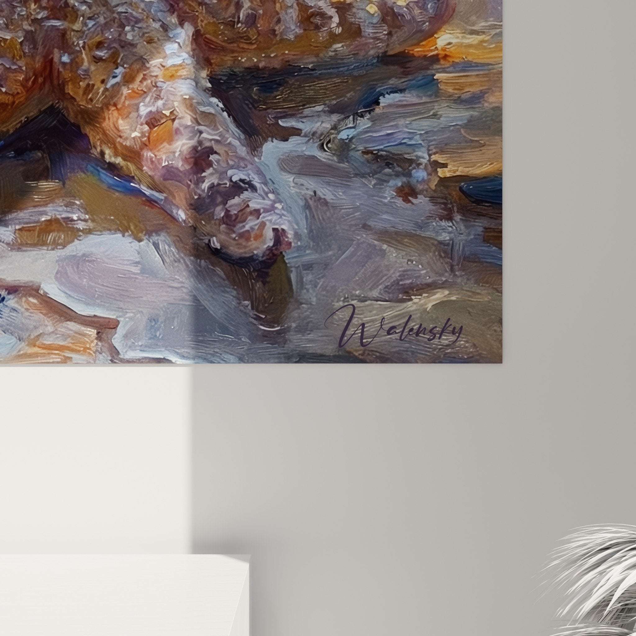 Übersicht Starfish-Gemälde am Ufer - Meereskomposition mit violetten und orangefarbenen Reflexionen