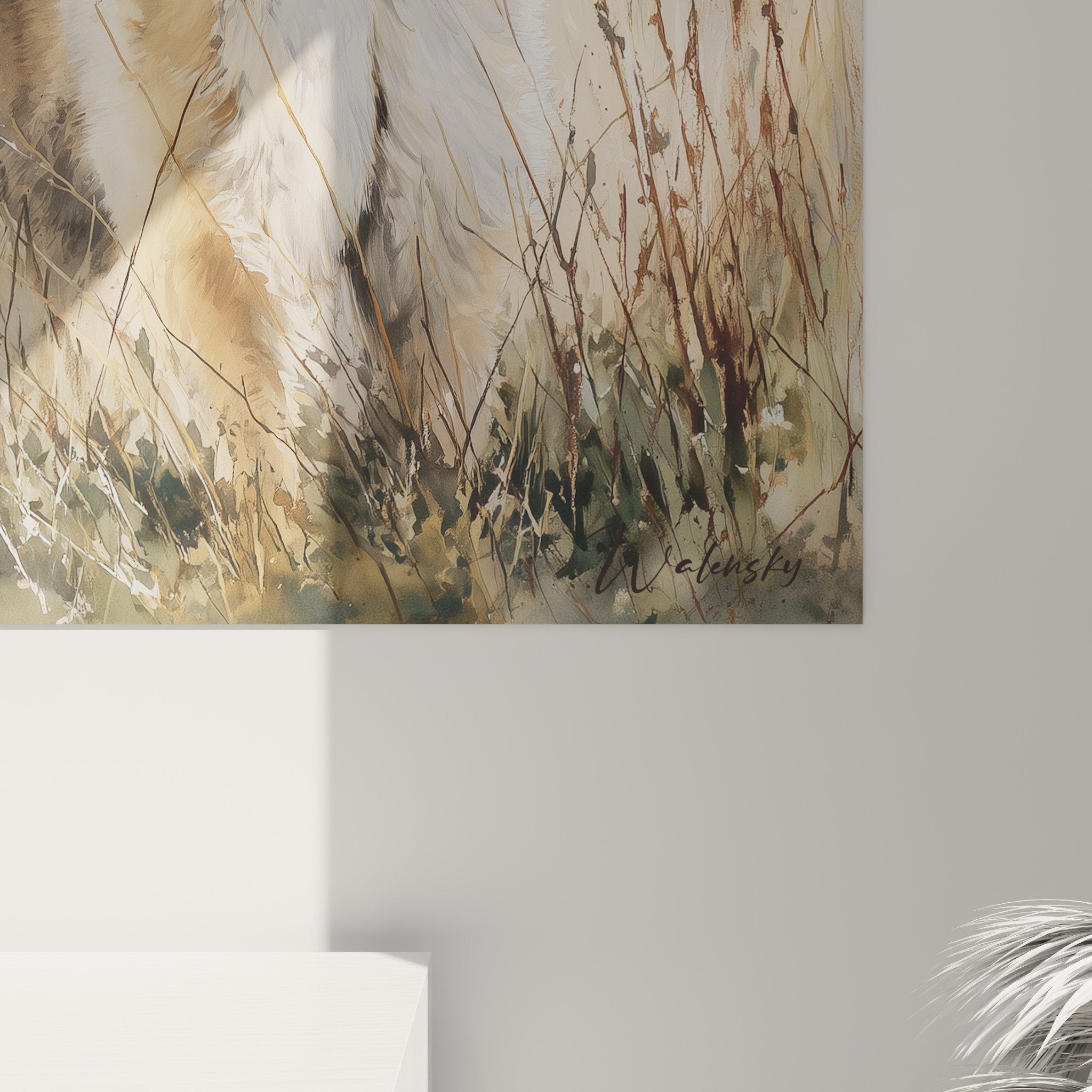 Vue ensemble tableau Eurasier herbes automnales style aquarelle décoration murale tons naturels