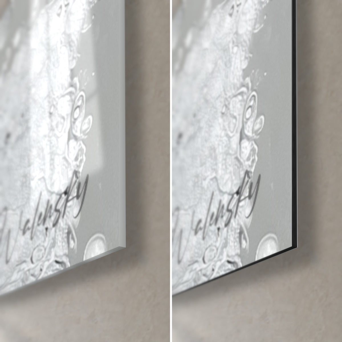 Schilderij zwart-witte spatwolk, rechteronderhoek, glanzend glas links, mat Dibond rechts, fijne rand