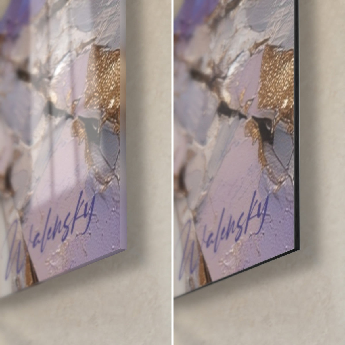 Schilderij van een paarse kroonbloem gemodelleerd met een spatel, rechtsonder: glanzend glas links, mat Dibond rechts, rand van 3 mm
