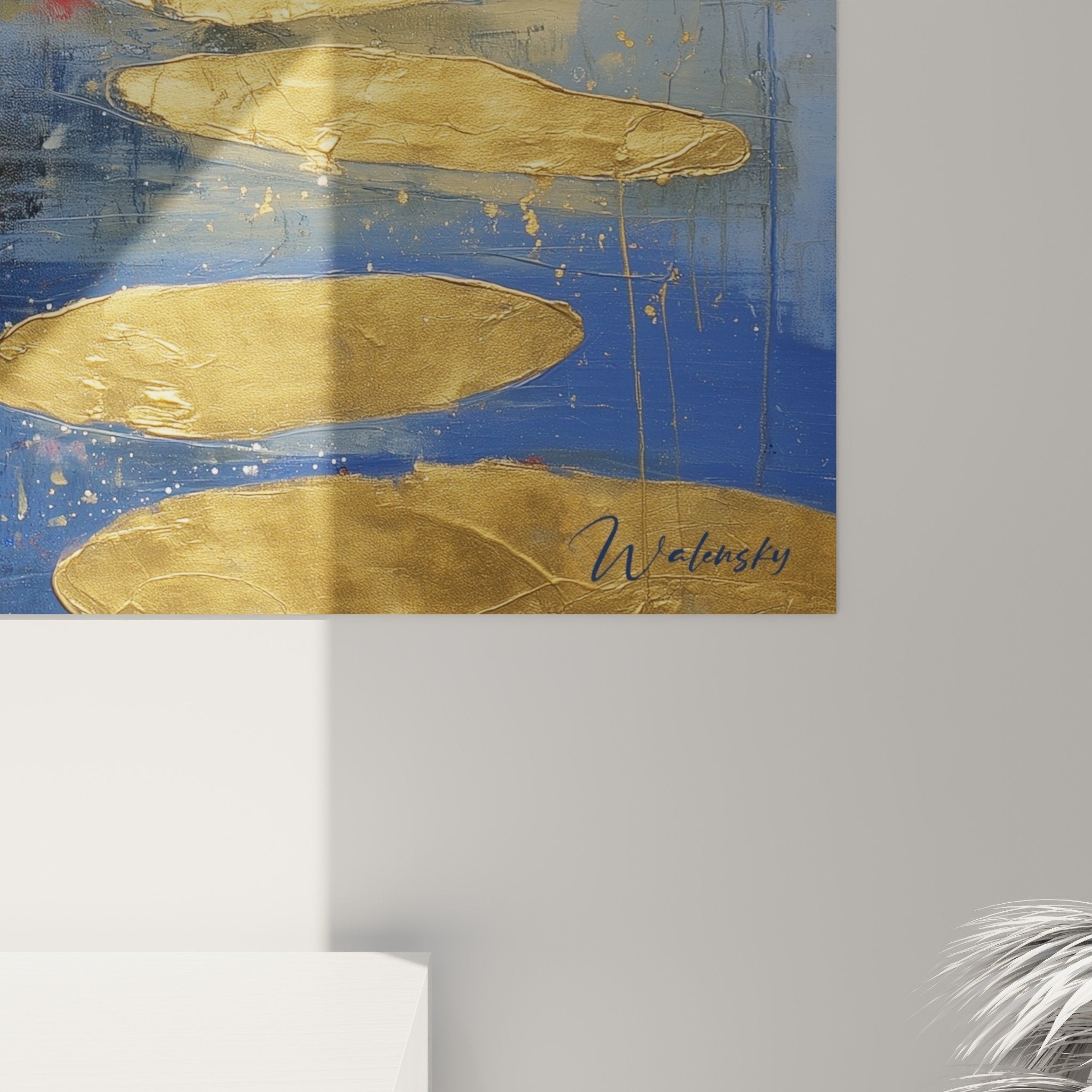 Overview feng shui north water birds pond painting blue gold tones zen wall decoration