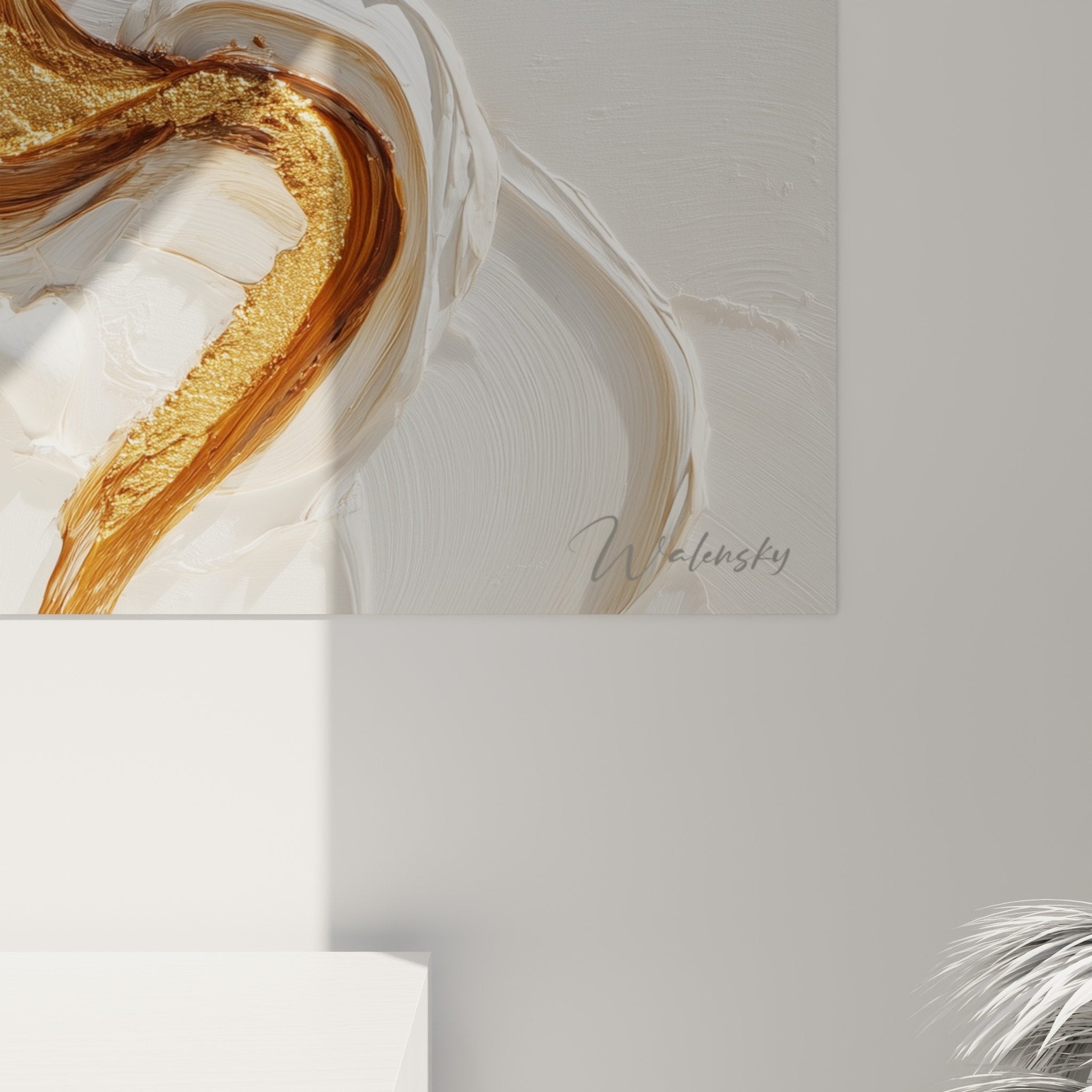 Overall view golden flow painting white wavy relief modern wall art feng shui center