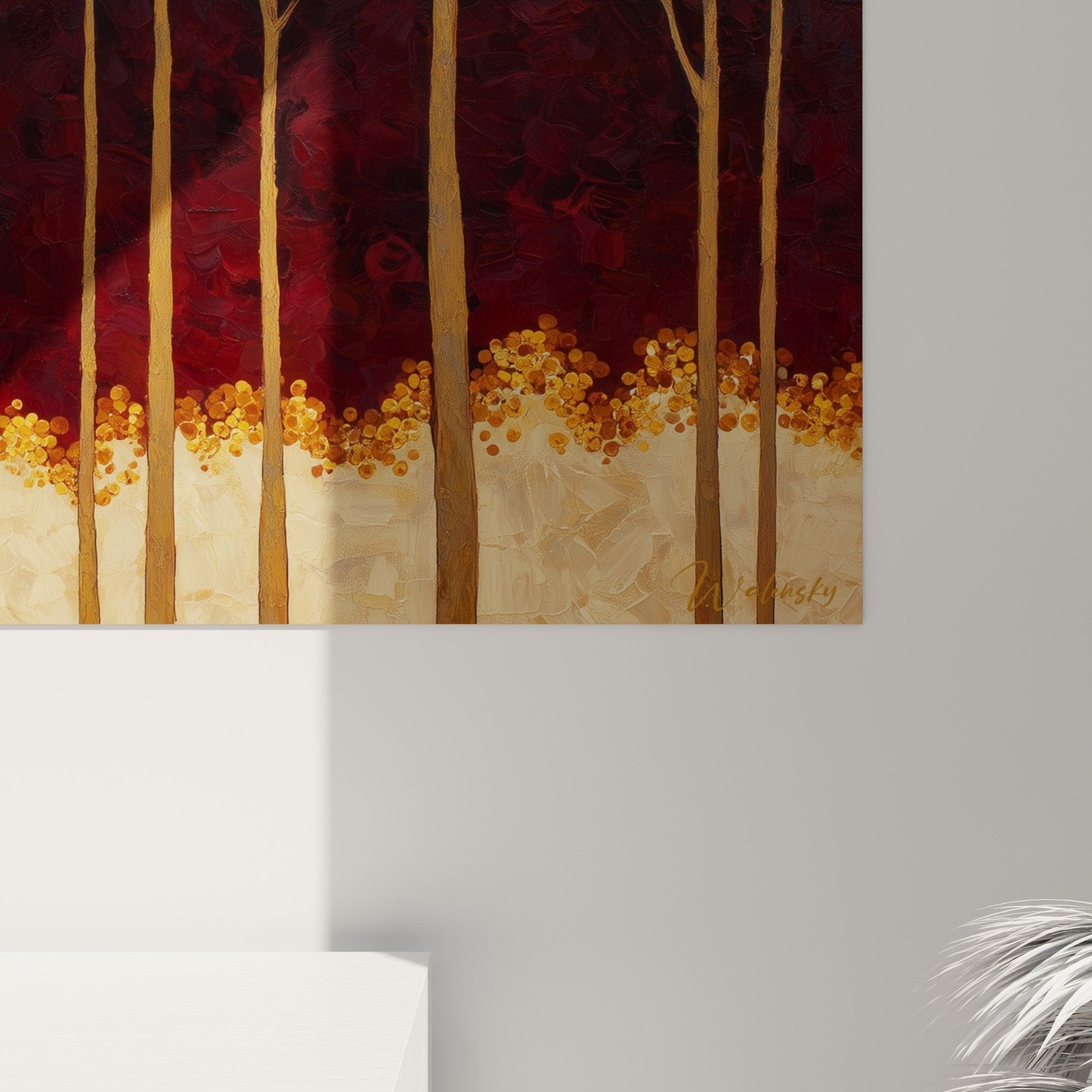 Vue ensemble tableau foret automnale salon decoration murale harmonieuse tons chauds bordeaux dore